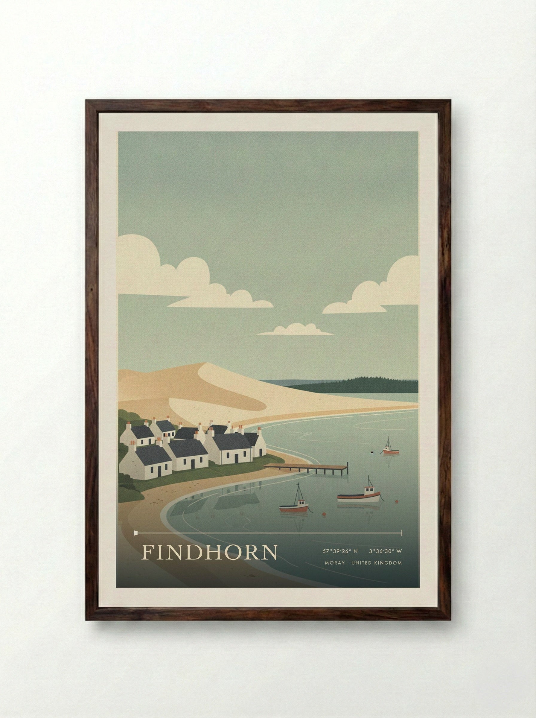 Findhorn Moray United Kingdom Travel Poster - Framed Print Dark Wood