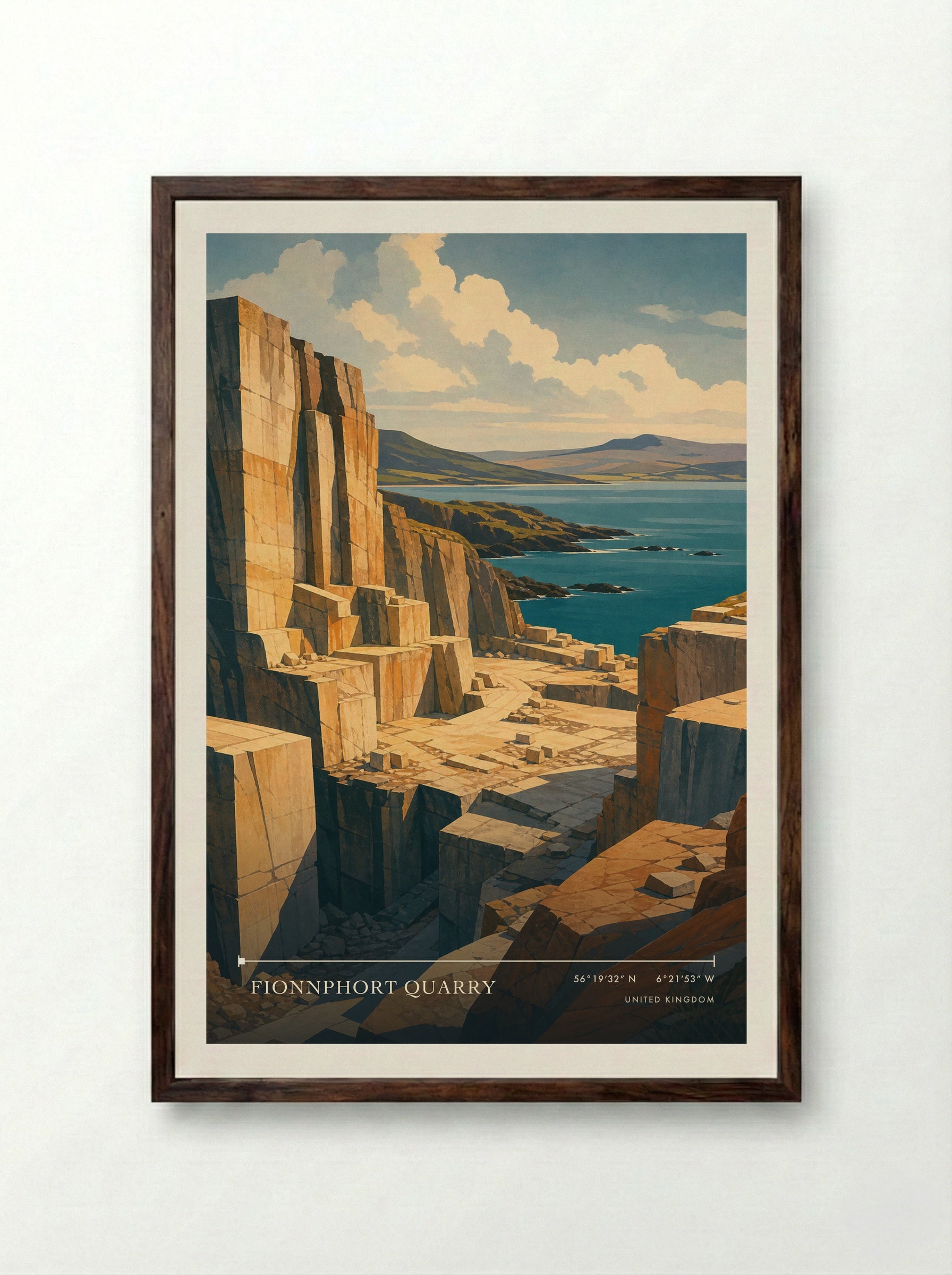 Fionnphort Quarry United Kingdom Travel Poster - Framed Print Dark Wood