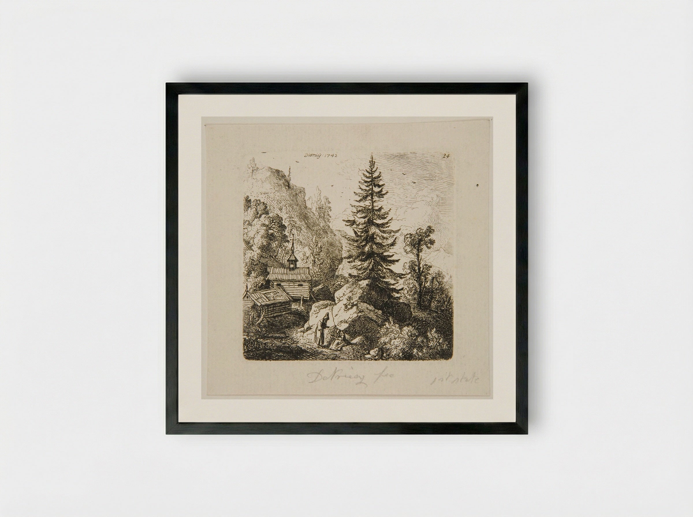 Fir Tree on a Rock - Christian Wilhelm Ernst Dietrich - Framed Print Black