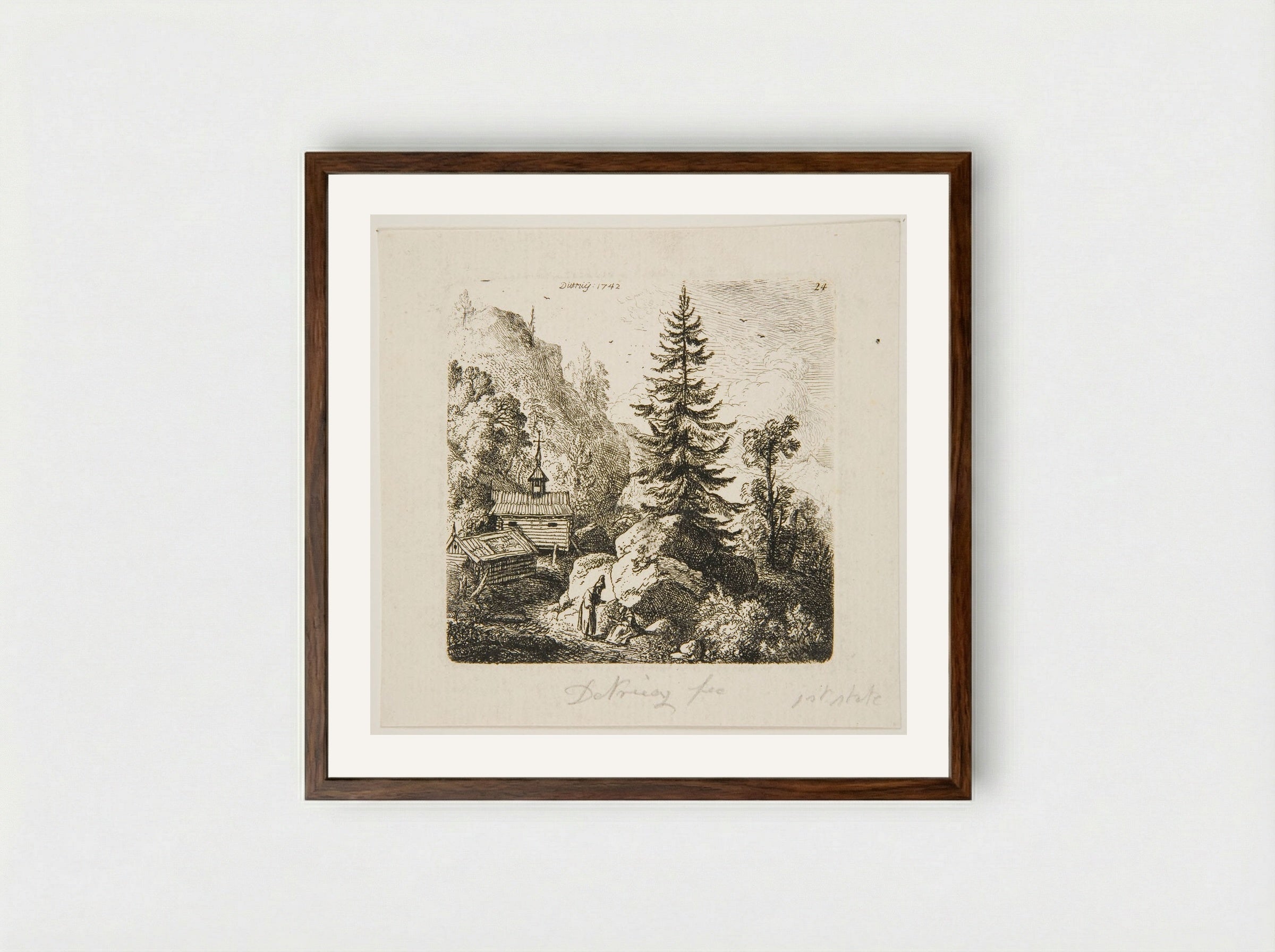 Fir Tree on a Rock - Christian Wilhelm Ernst Dietrich - Framed Print Dark Wood