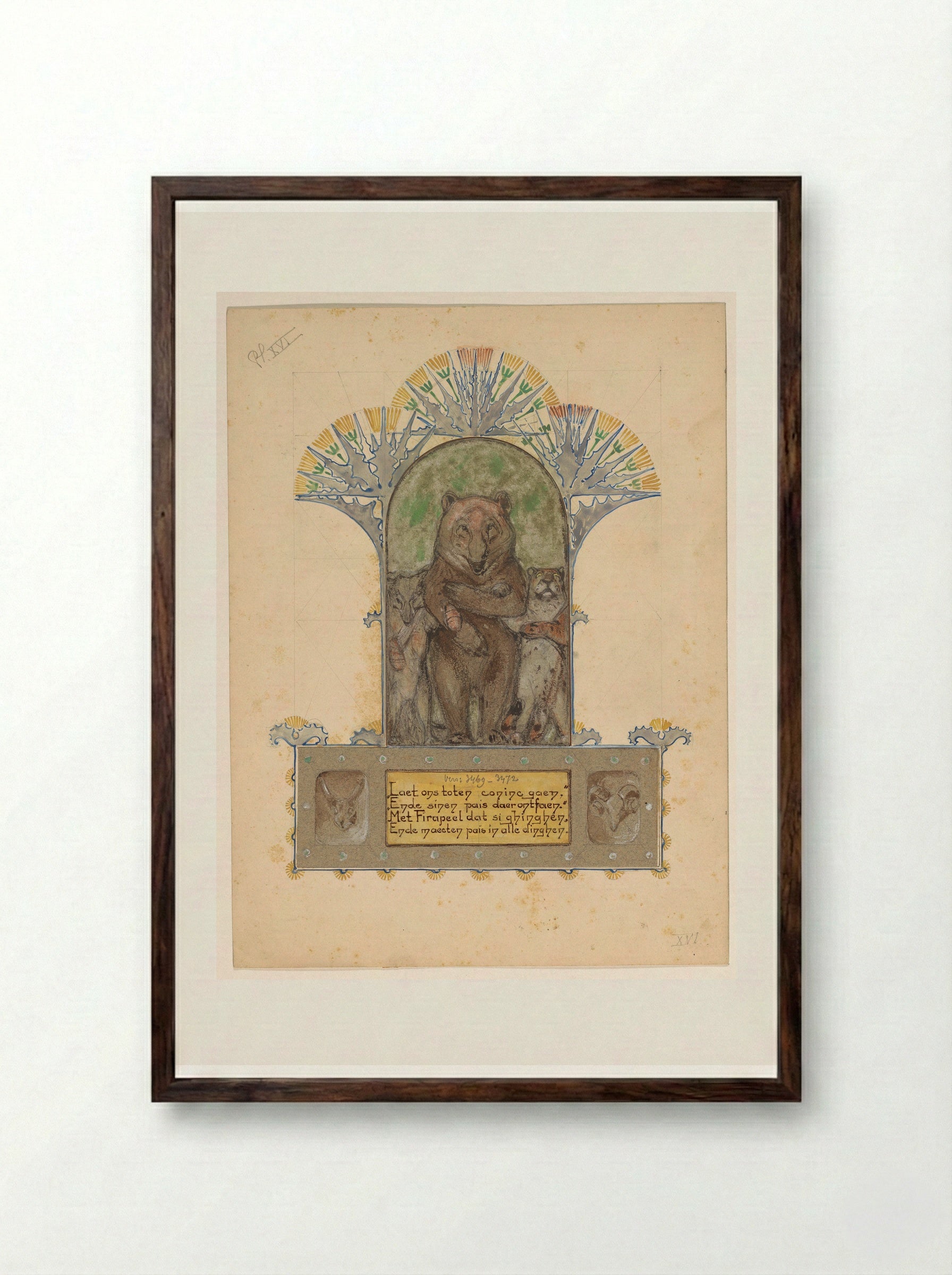 Firapeel gaat met Bruin en Isegrim naar de koning - Bernard Willem Wierink - Framed Print Dark Wood