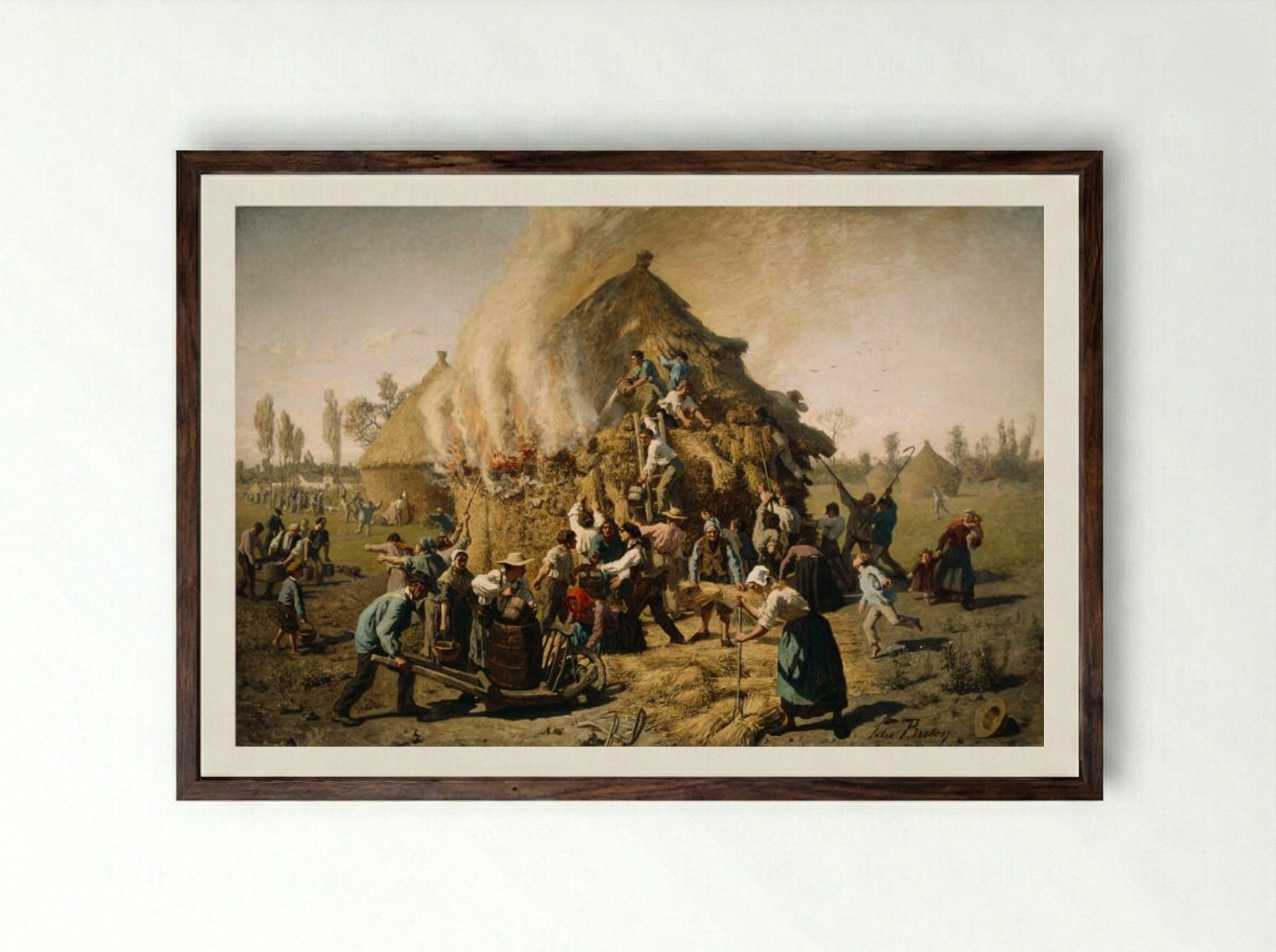 Fire in a Haystack - Jules Breton - Framed Print Dark Wood