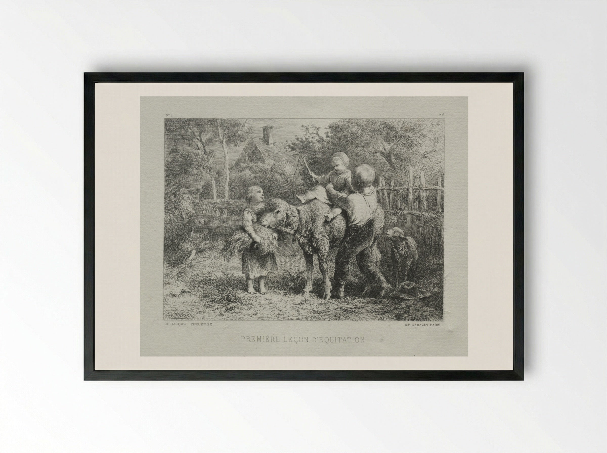 First Riding Lesson - Charles-Émile Jacque - Framed Print Black