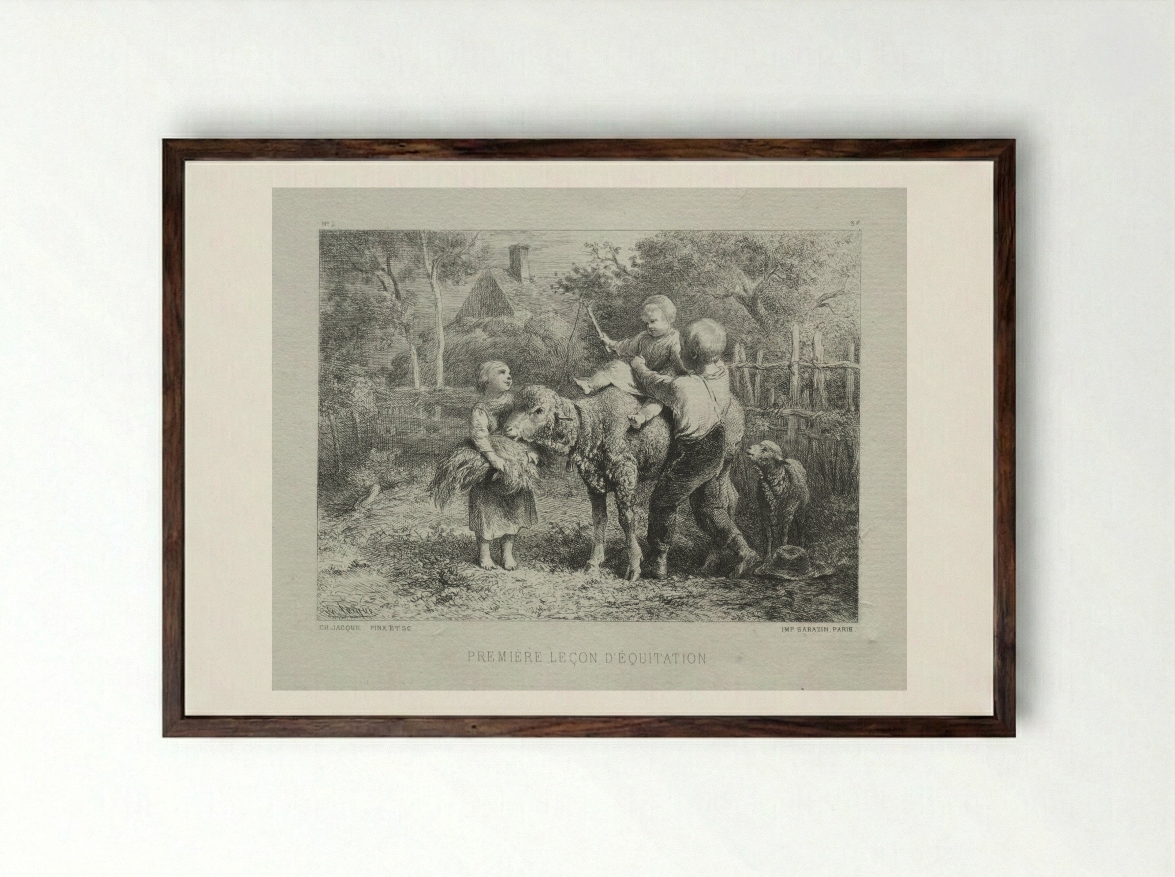 First Riding Lesson - Charles-Émile Jacque - Framed Print Dark Wood