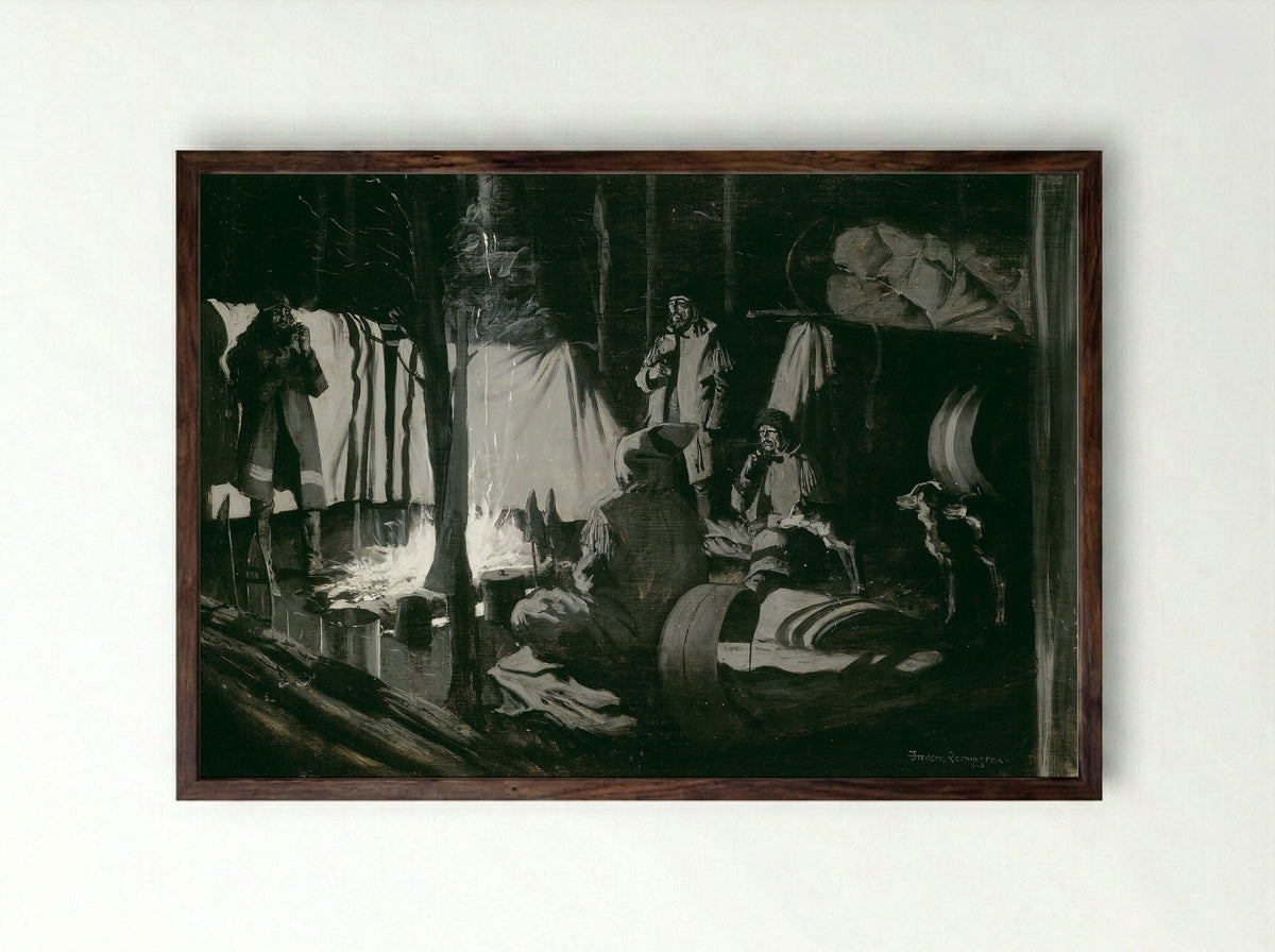 First and Best Camp of the Trip - Frederic Remington - Framed Print Dark Wood