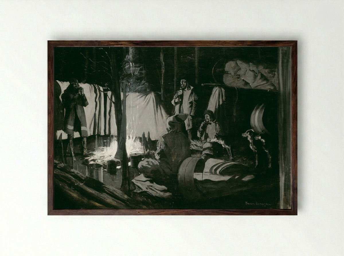 First and Best Camp of the Trip - Frederic Remington - Framed Print Dark Wood