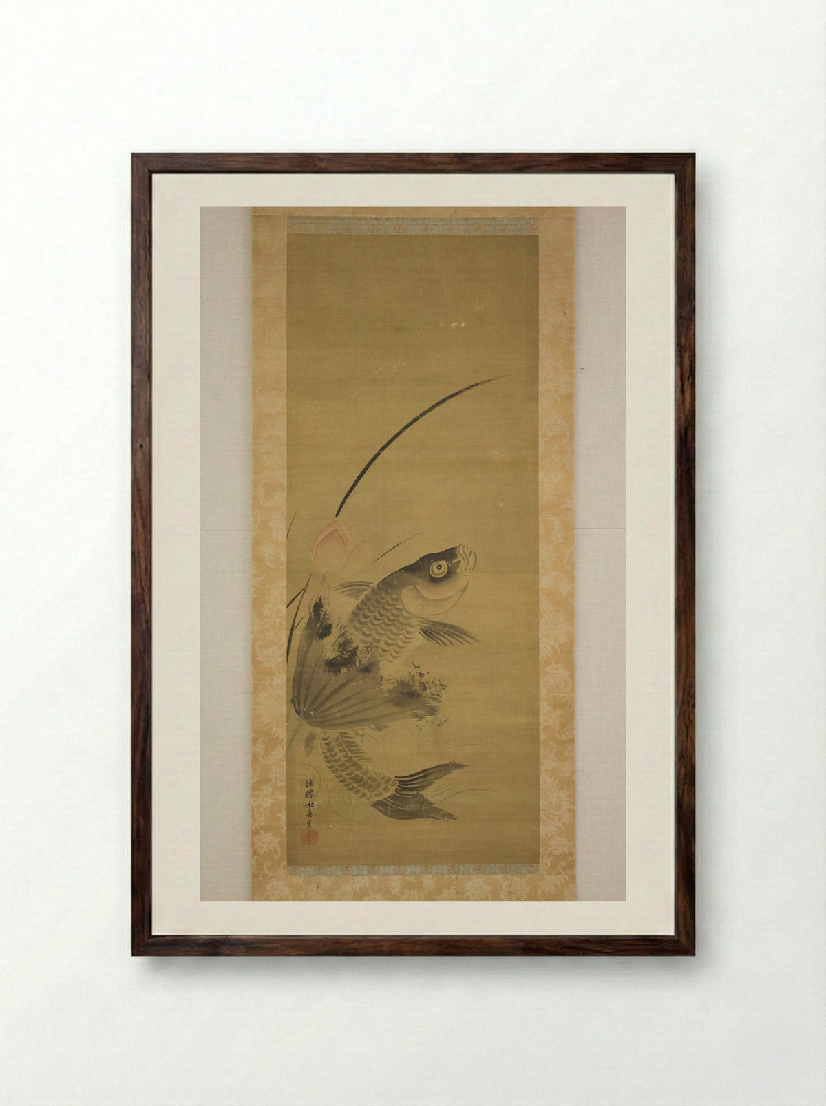 Fish and Lotus - Kano Yasunobu - Framed Print Dark Wood