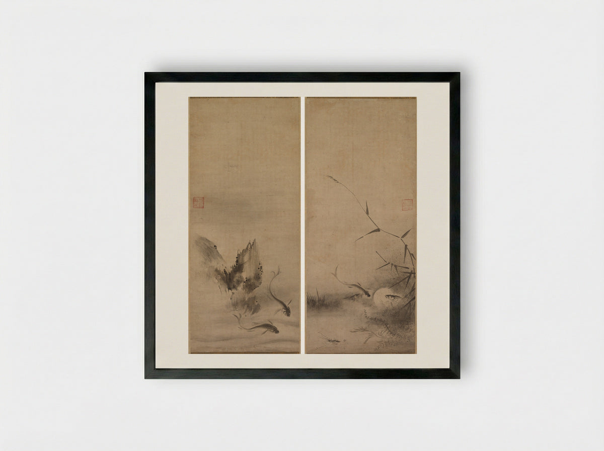 Fish and Rock; Fish and Seaweed - Rinkyo - Framed Print Black