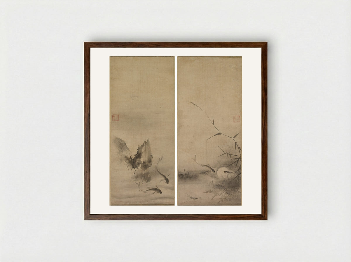 Fish and Rock; Fish and Seaweed - Rinkyo - Framed Print Dark Wood