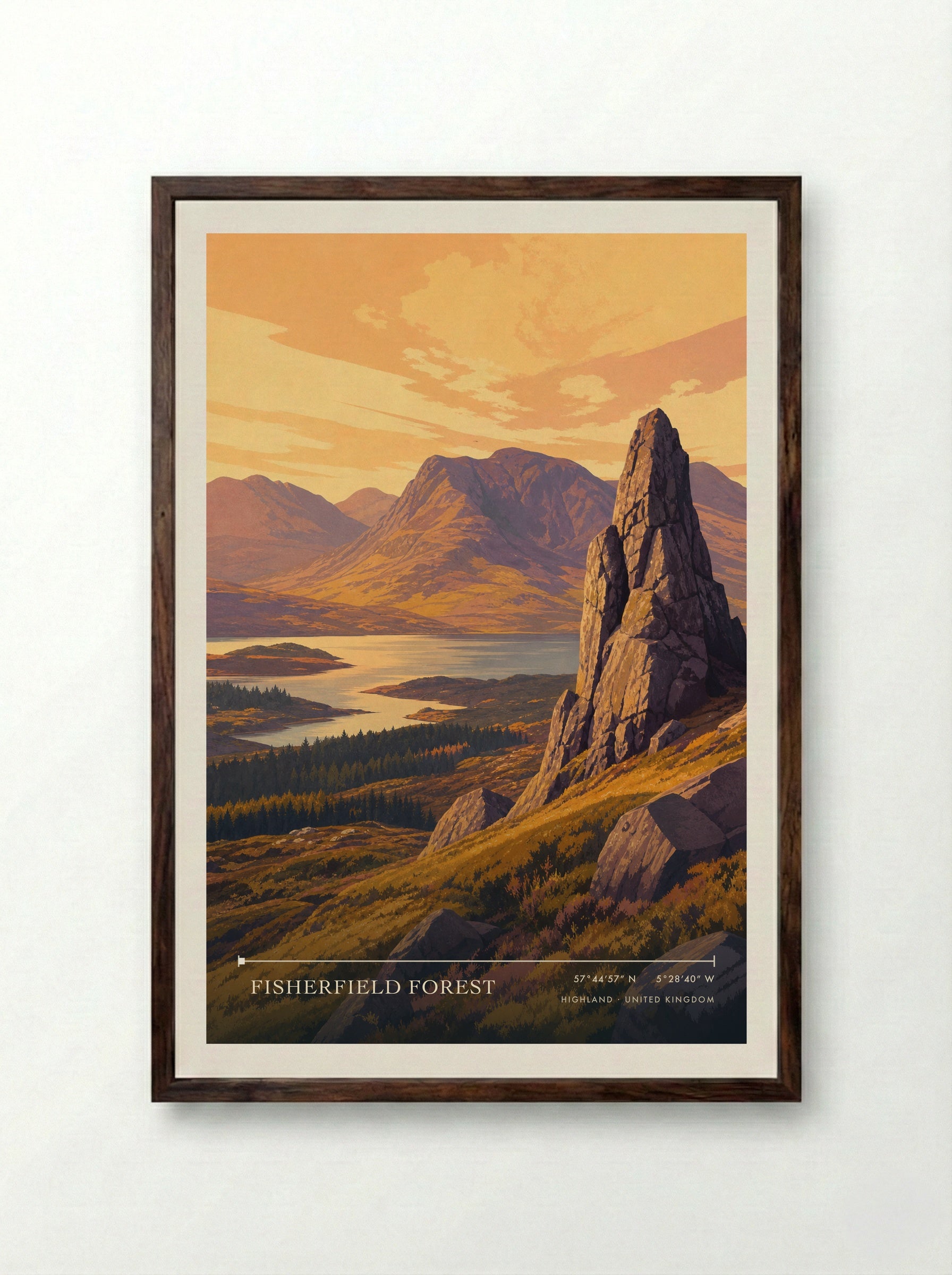 Fisherfield Forest Highland United Kingdom Travel Poster - Framed Print Dark Wood