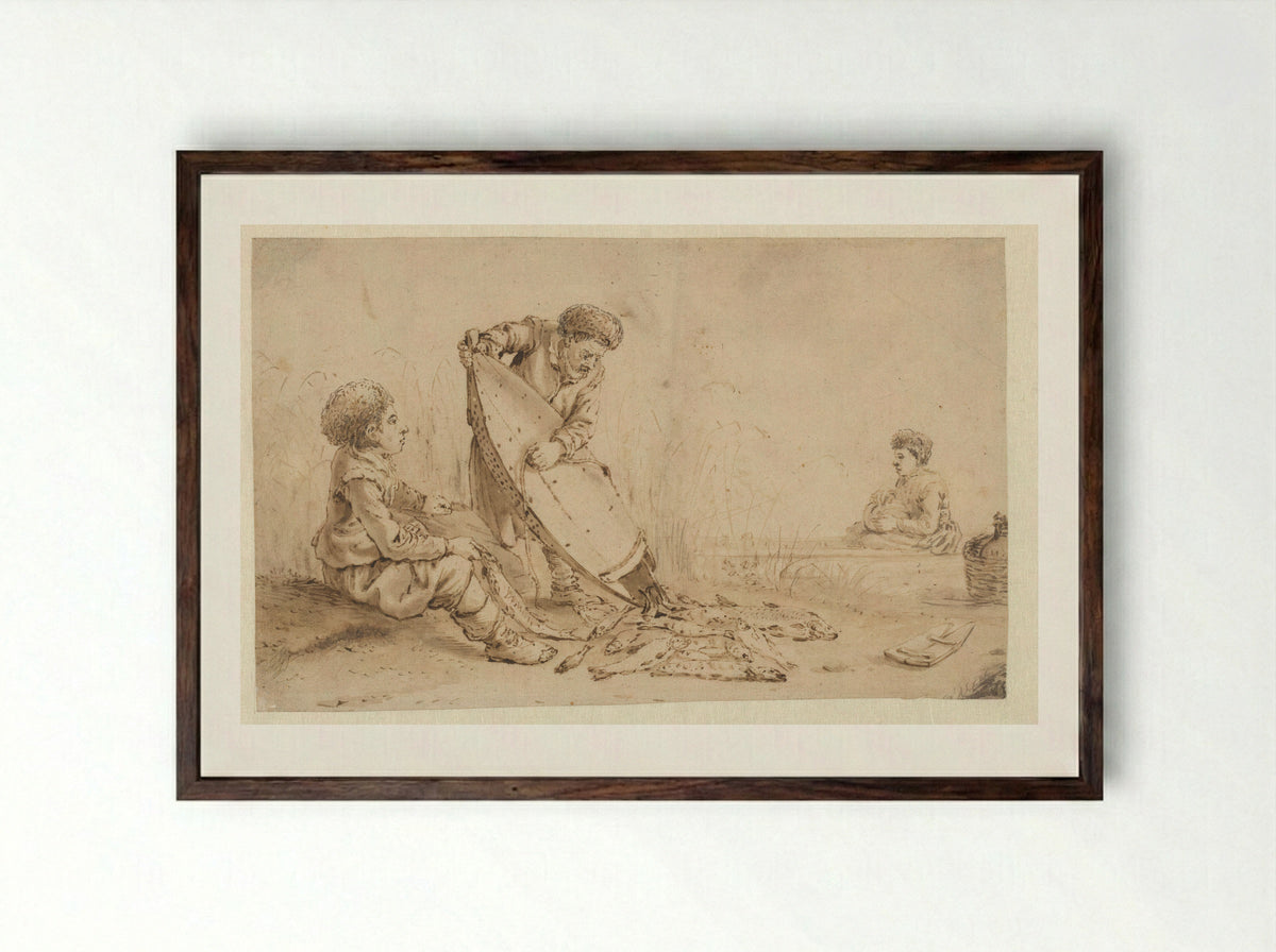 Fisherman Emptying His Net - Arent Arentsz. - Framed Print Dark Wood