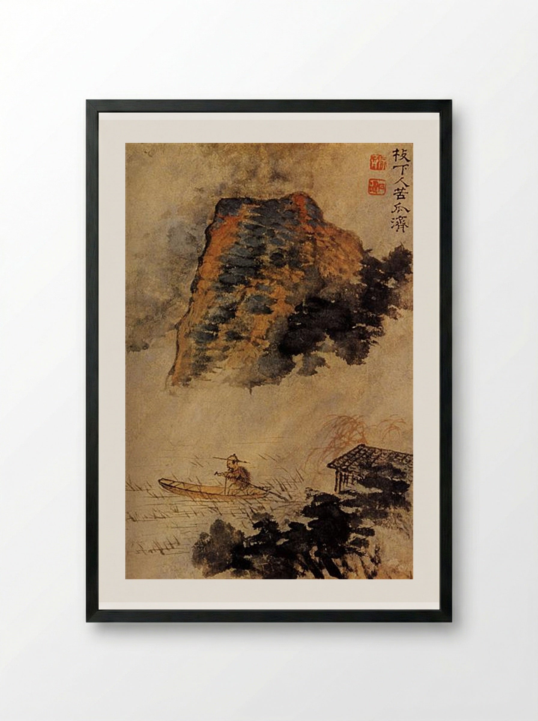 Fisherman Under a Cliff - Shitao - Framed Print Black