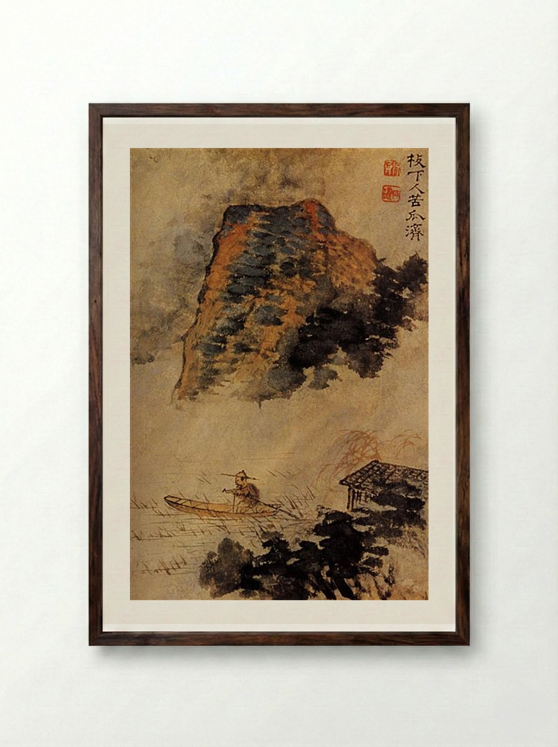 Fisherman Under a Cliff - Shitao - Framed Print Dark Wood