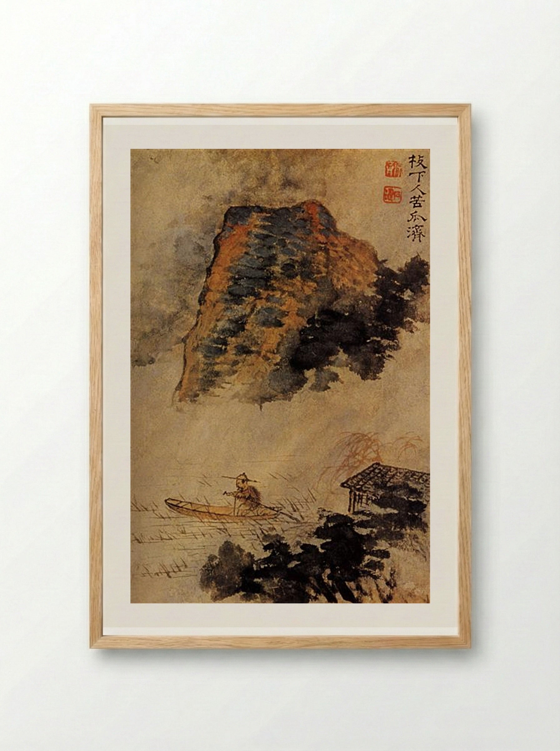 Fisherman Under a Cliff - Shitao - Framed Print Wood