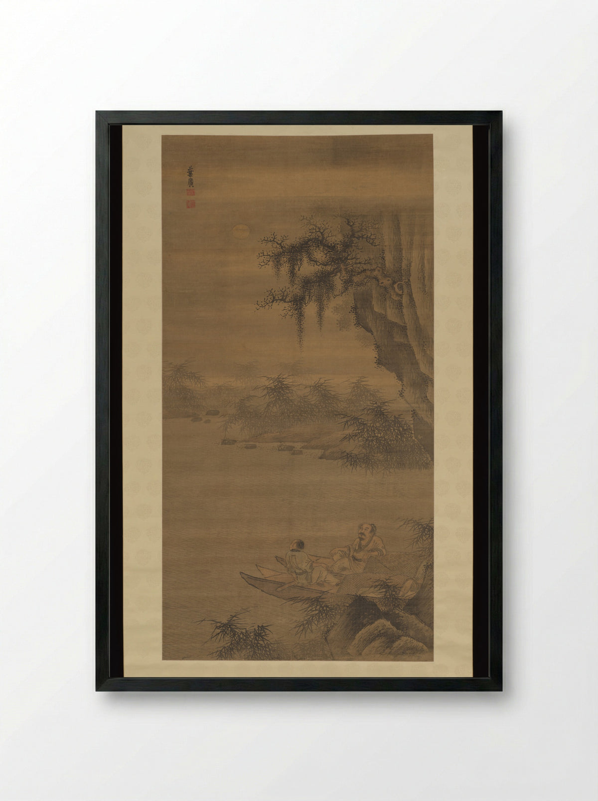 Fisherman viewing the moon - Ye Guang - Framed Print Black