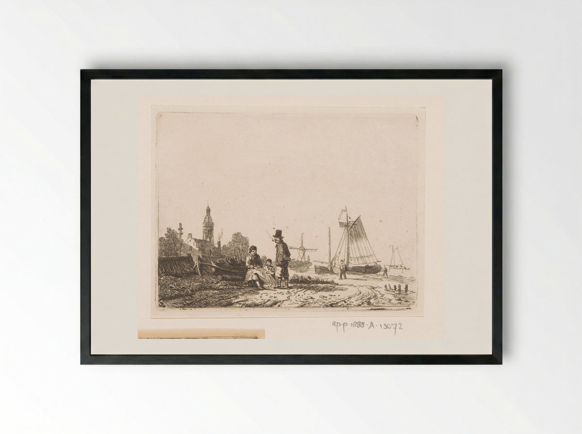 Fisherman with his Son Repairing a Net Under the Supervision of a Pipe-Smoking Old Sailor - Egidius Linnig - Framed Print Black