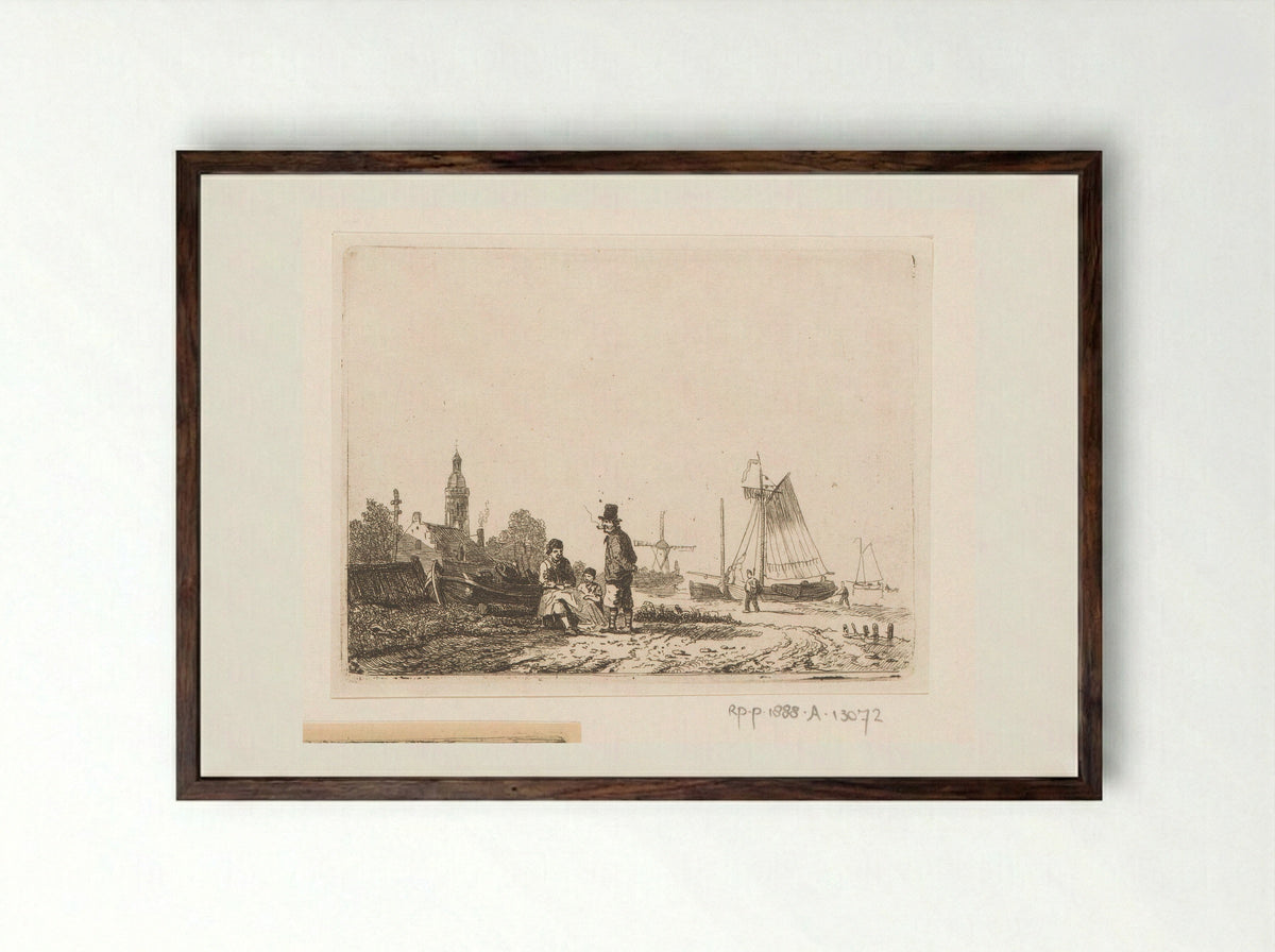 Fisherman with his Son Repairing a Net Under the Supervision of a Pipe-Smoking Old Sailor - Egidius Linnig - Framed Print Dark Wood