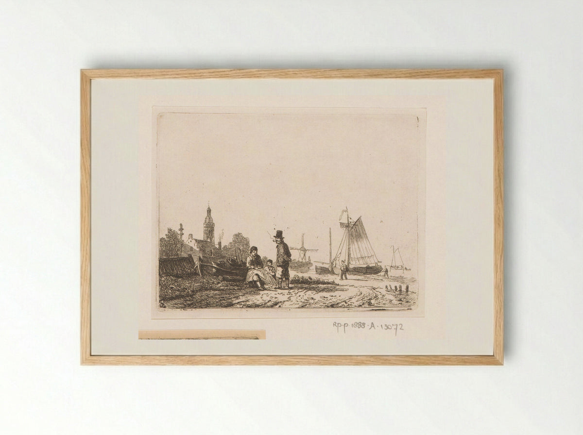 Fisherman with his Son Repairing a Net Under the Supervision of a Pipe-Smoking Old Sailor - Egidius Linnig - Framed Print Wood