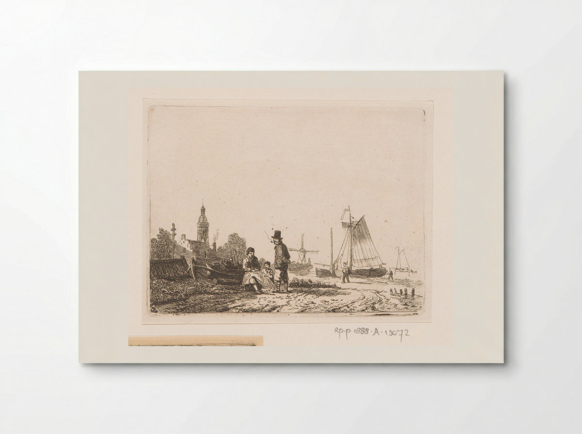 Fisherman with his Son Repairing a Net Under the Supervision of a Pipe-Smoking Old Sailor - Egidius Linnig - Poster