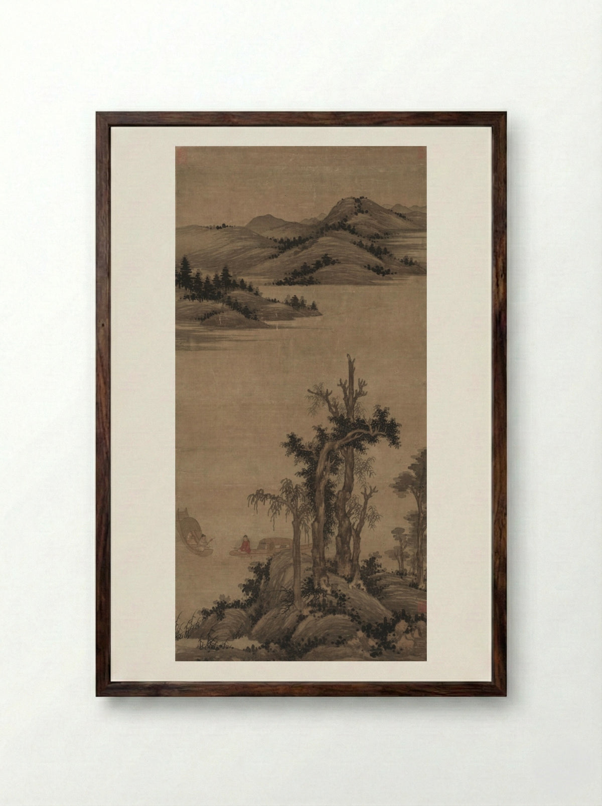 Fishermen-Hermits in Stream and Mountain - Zhao Yong - Framed Print Dark Wood
