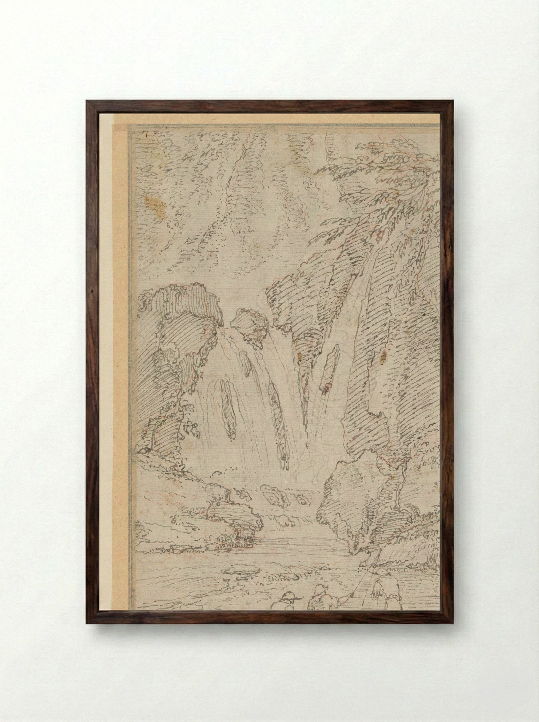 Fishermen by a Waterfall - Gaspard Dughet - Framed Print Dark Wood
