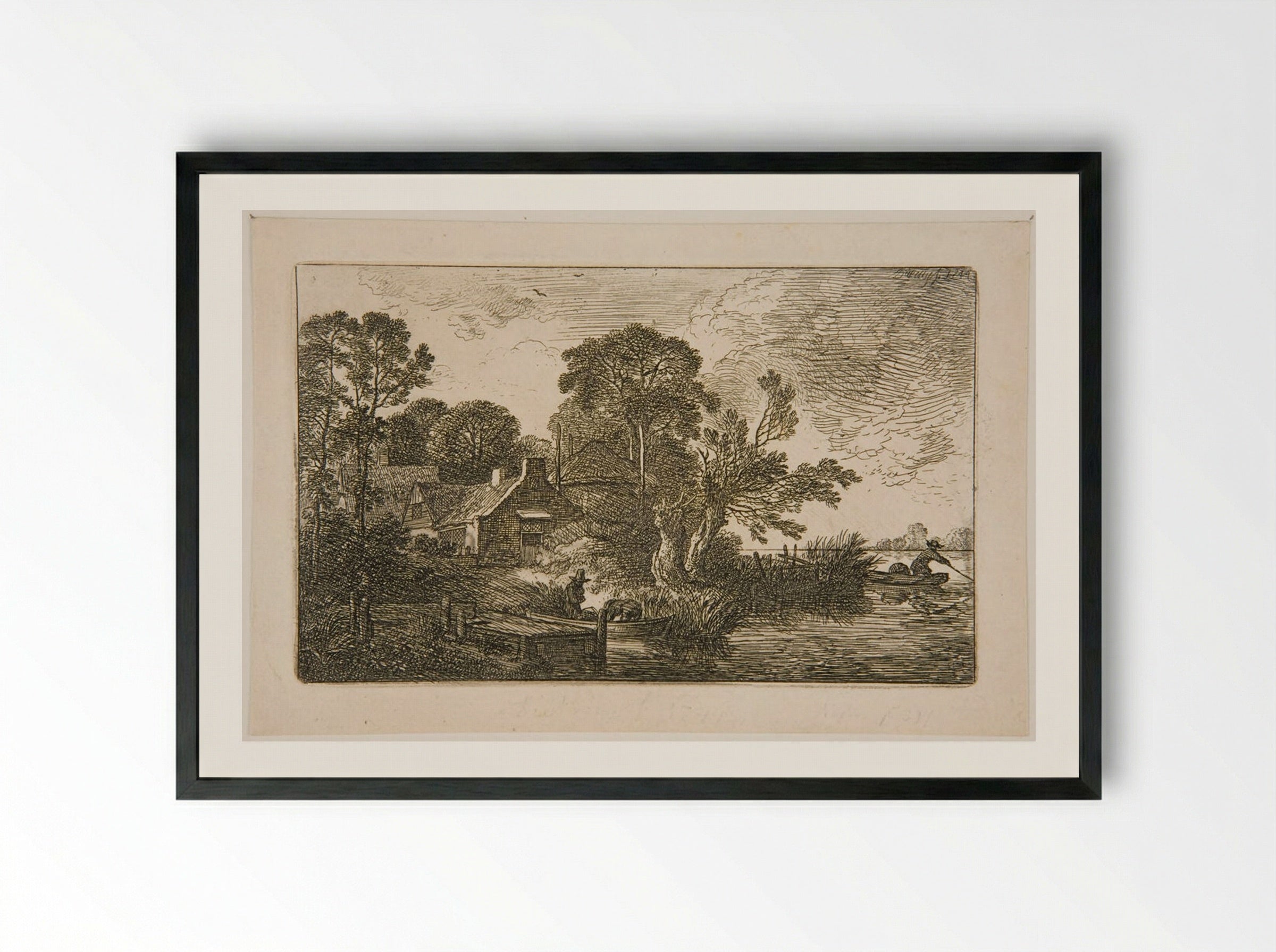 Fishermen's Huts by the Water - Christian Wilhelm Ernst Dietrich - Framed Print Black
