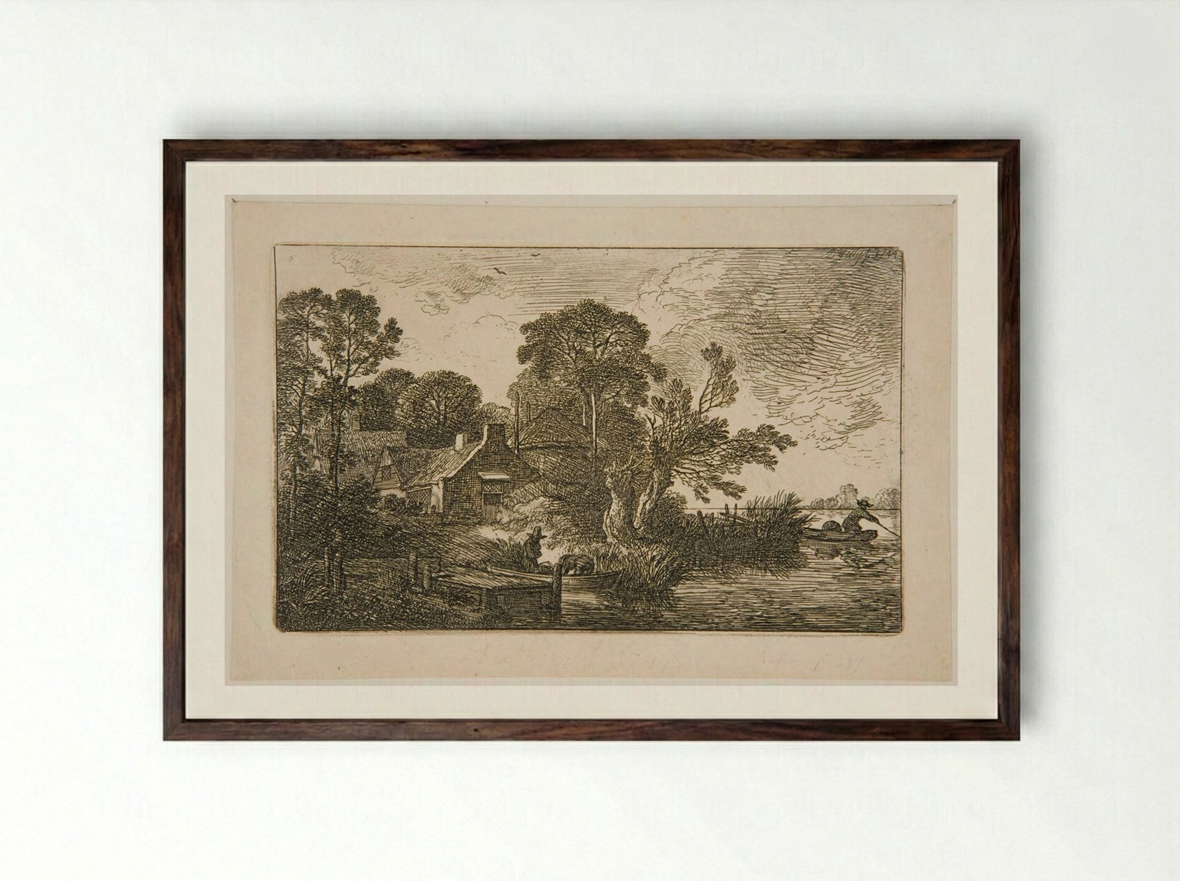 Fishermen's Huts by the Water - Christian Wilhelm Ernst Dietrich - Framed Print Dark Wood