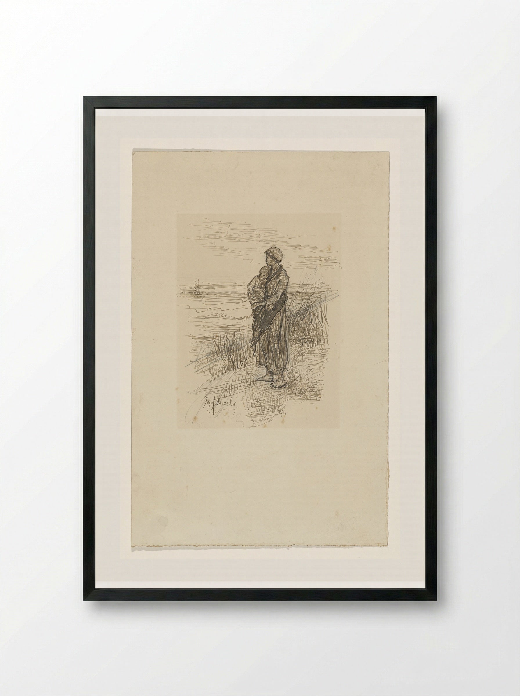 Fisherwoman with Child on the Beach - Jozef Israëls - Framed Print Black