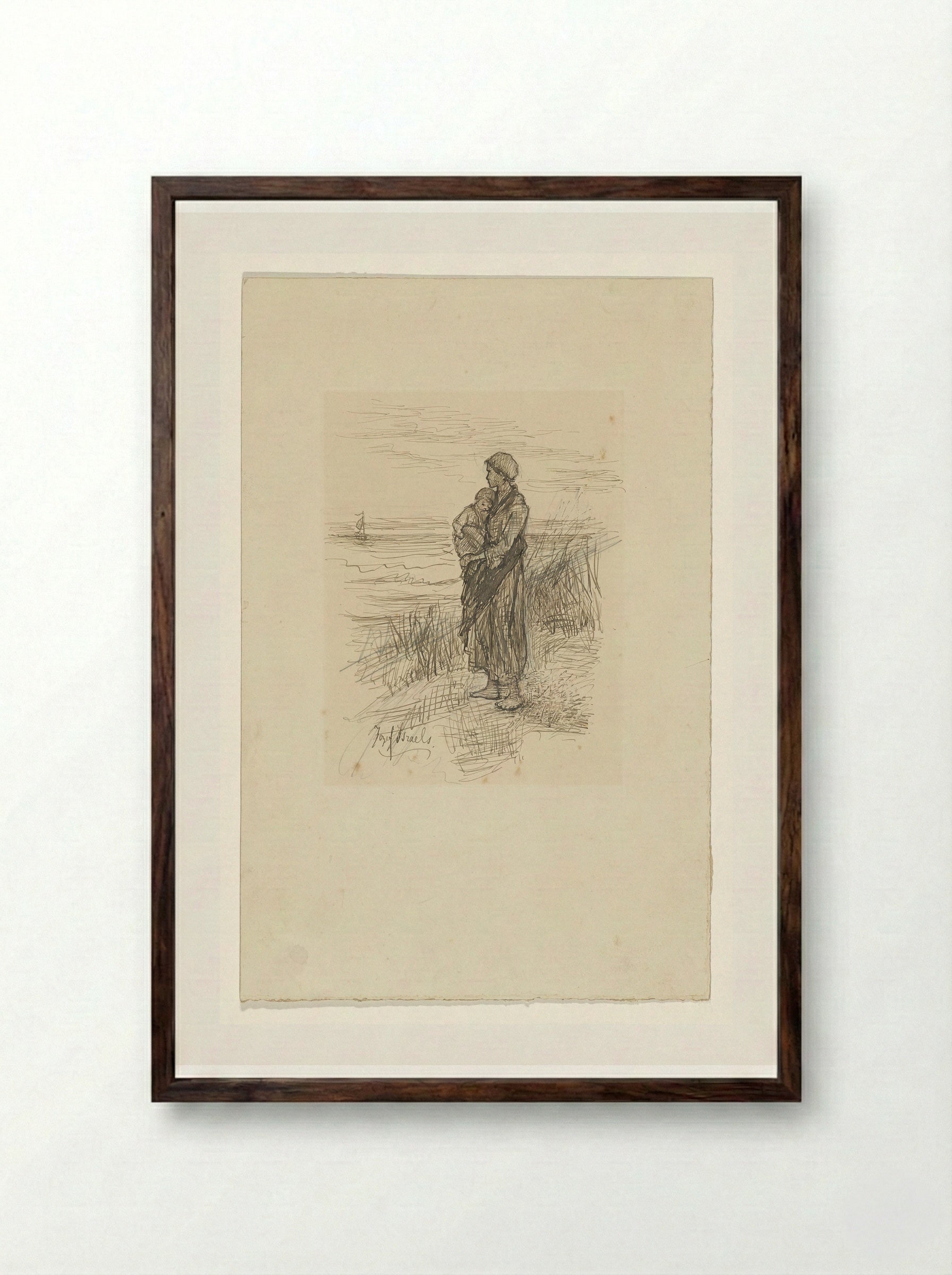 Fisherwoman with Child on the Beach - Jozef Israëls - Framed Print Dark Wood