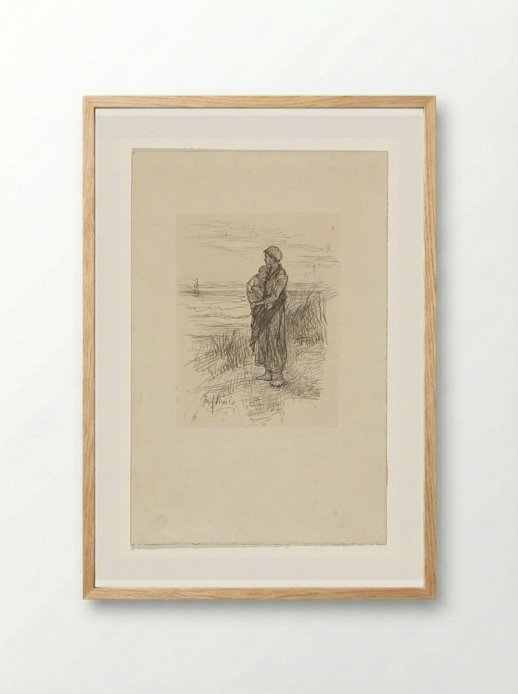 Fisherwoman with Child on the Beach - Jozef Israëls - Framed Print Wood