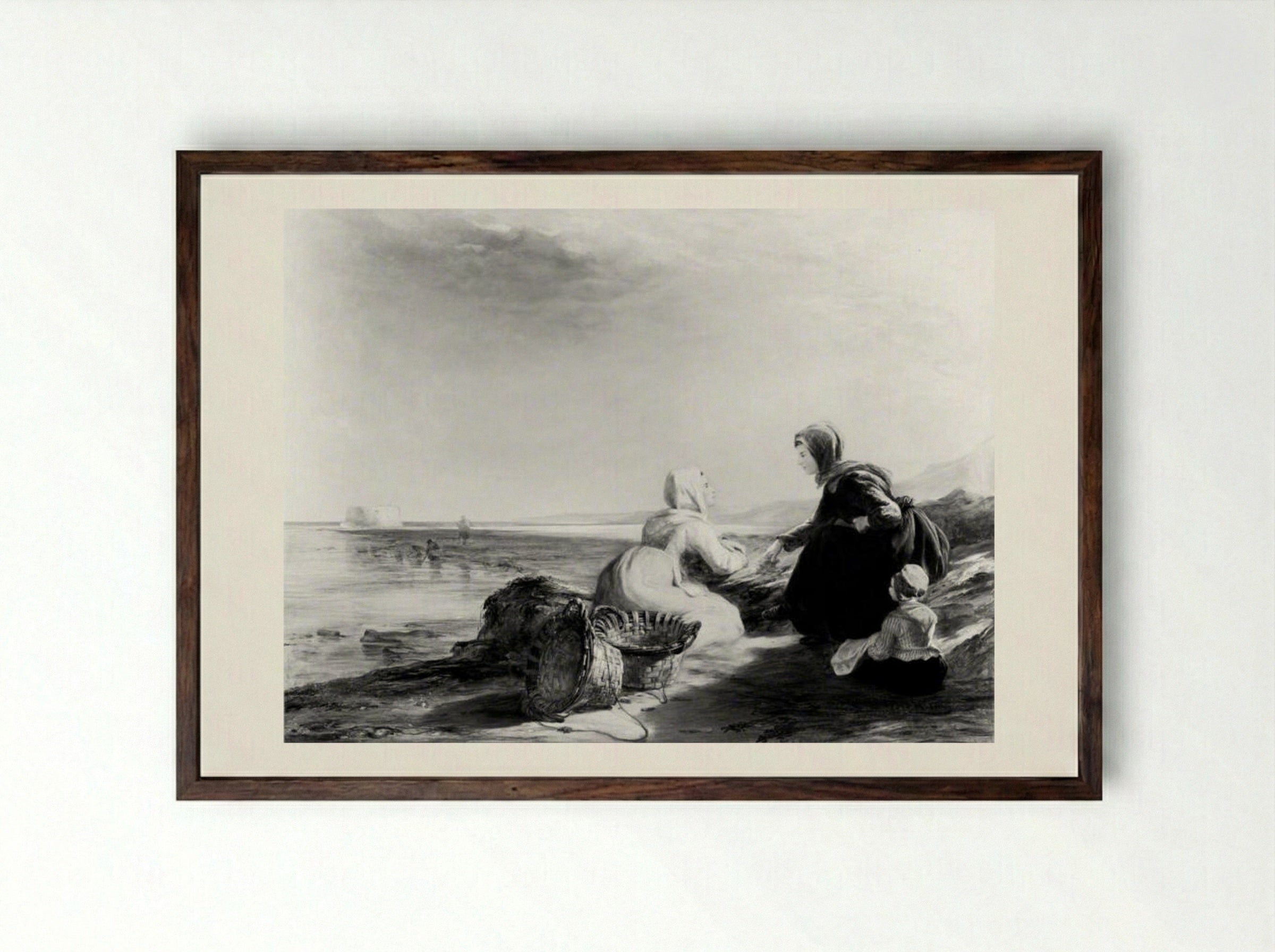 Fisherwomen on the Coast near Boulogne - William Collins - Framed Print Dark Wood