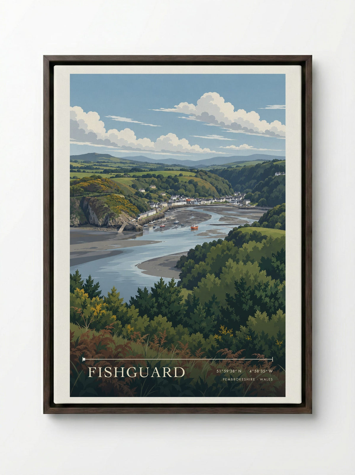 Fishguard, Pembrokeshire | Travel Poster - Framed Canvas Dark Wood