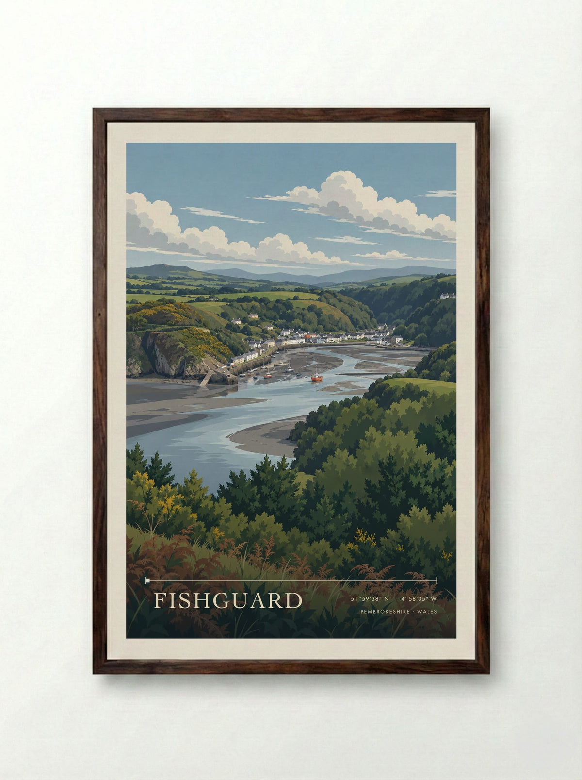 Fishguard, Pembrokeshire | Travel Poster - Framed Print Dark Wood