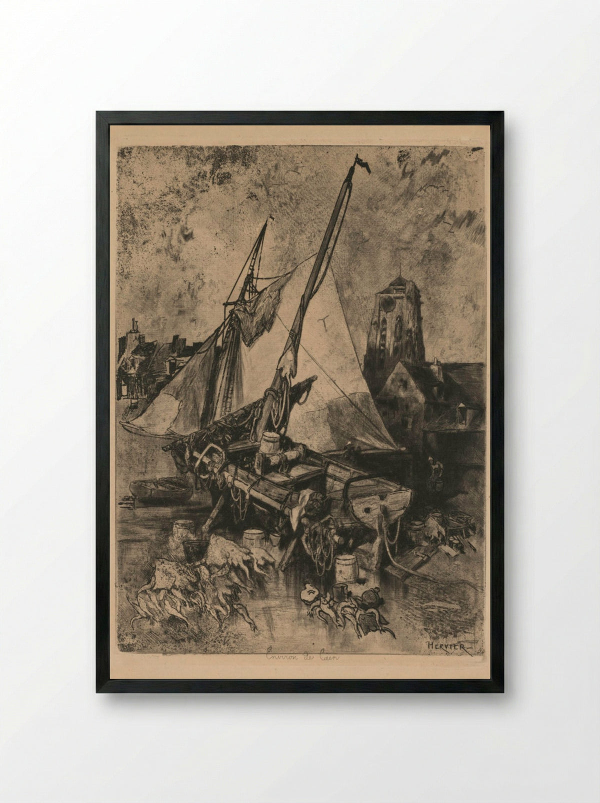 Fishing Boats, Normandy (Environ de Caen) - Louis Adolphe Hervier - Framed Print Black