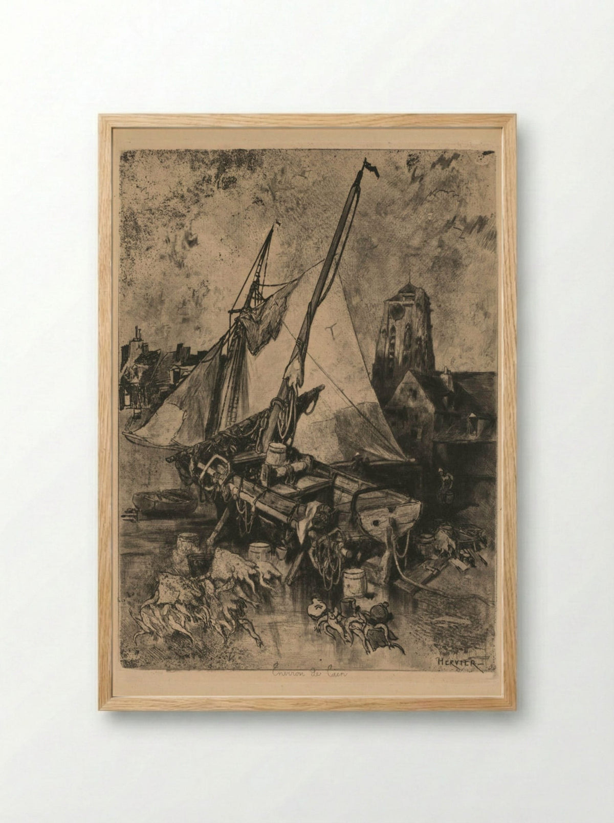 Fishing Boats, Normandy (Environ de Caen) - Louis Adolphe Hervier - Framed Print Wood