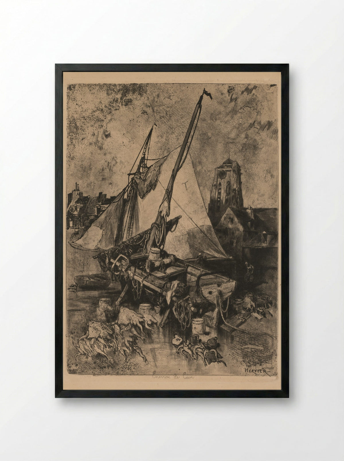 Fishing Boats, Normandy - Louis Adolphe Hervier - Framed Print Black