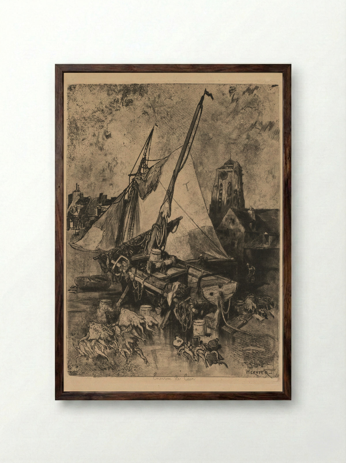 Fishing Boats, Normandy - Louis Adolphe Hervier - Framed Print Dark Wood