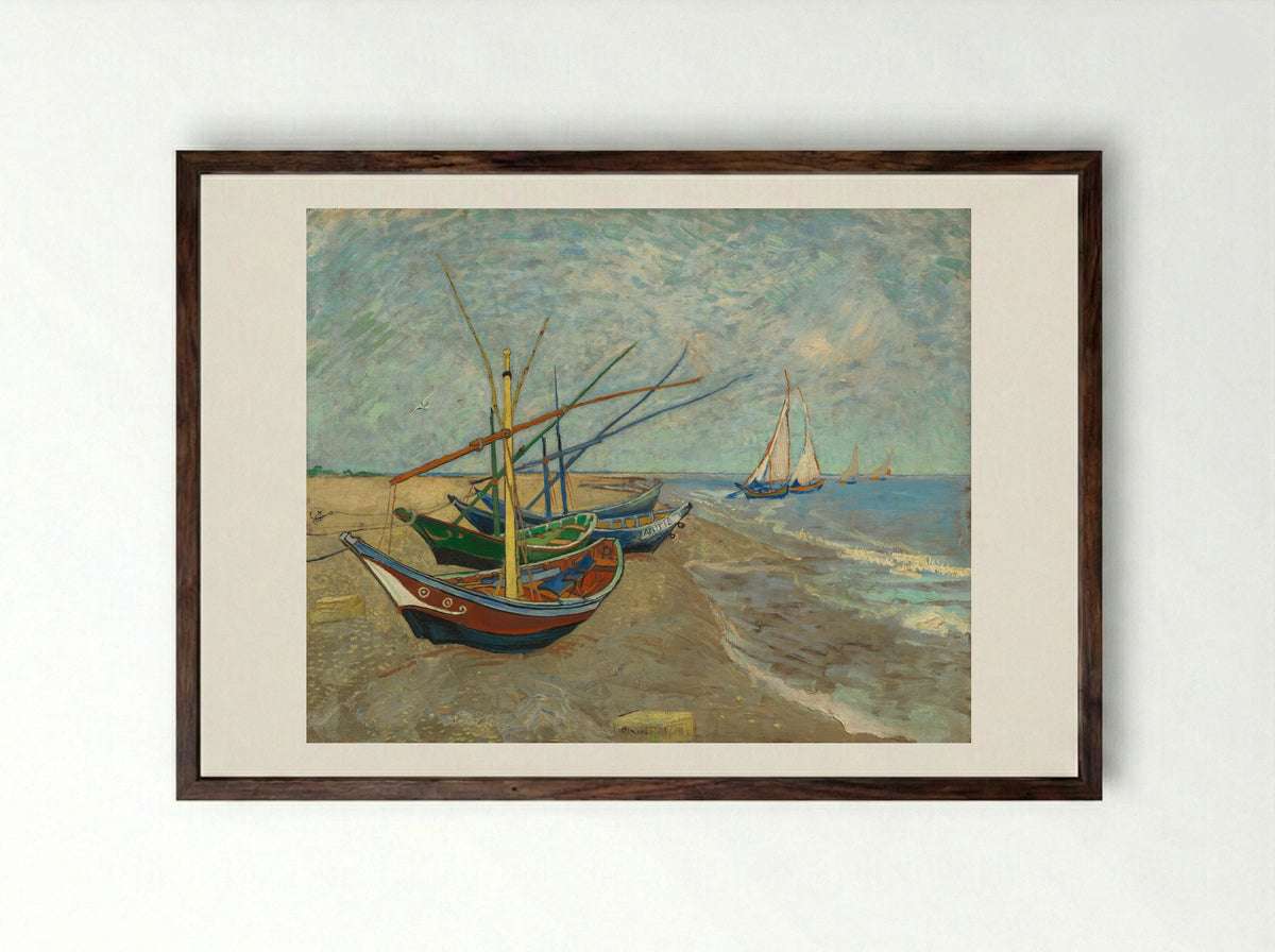 Fishing Boats on the Beach at Les Saintes-Maries-de-la-Mer - Vincent van Gogh - Framed Print Dark Wood