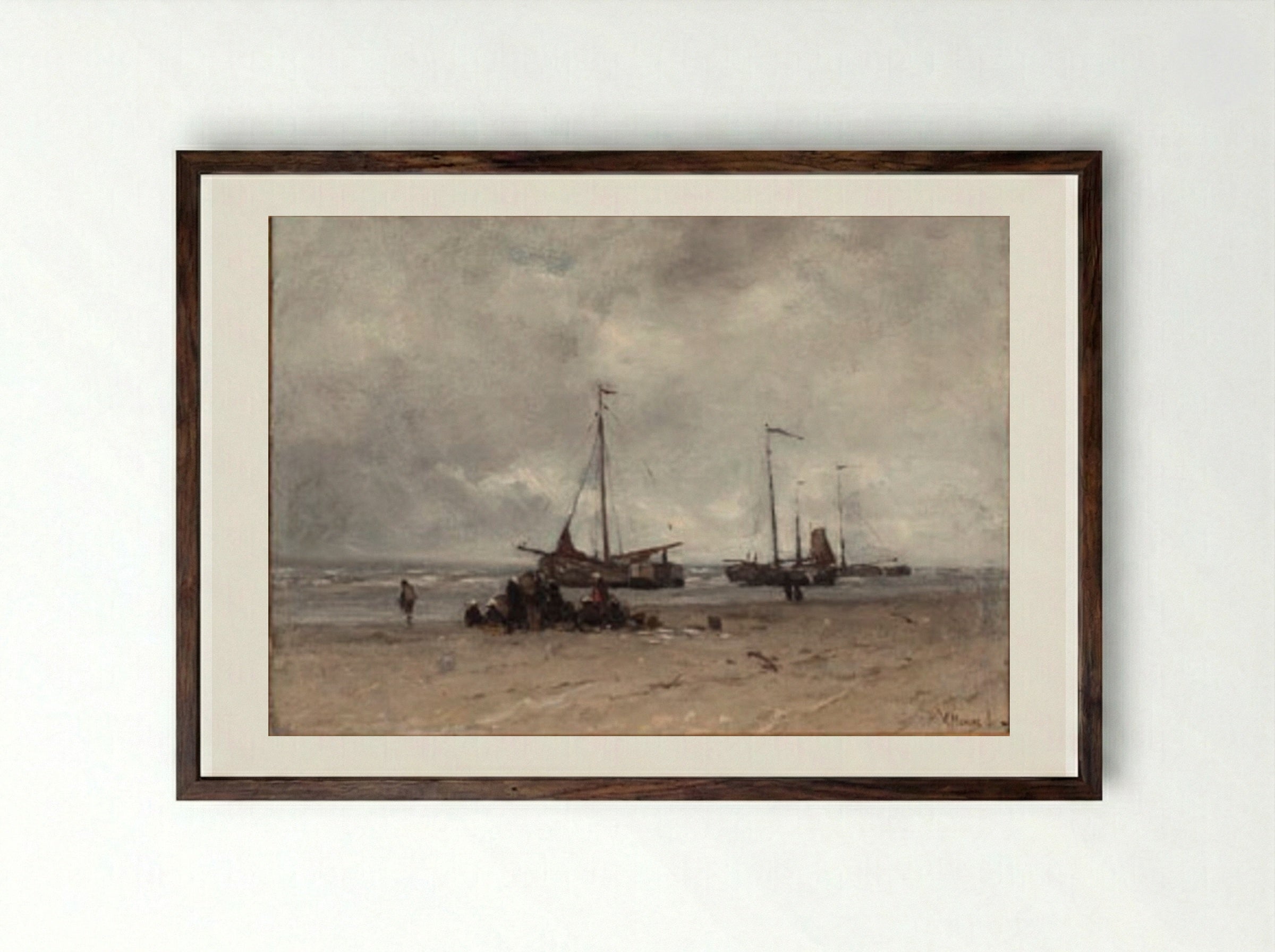Fishing Boats on the Beach - Anton Mauve - Framed Print Dark Wood