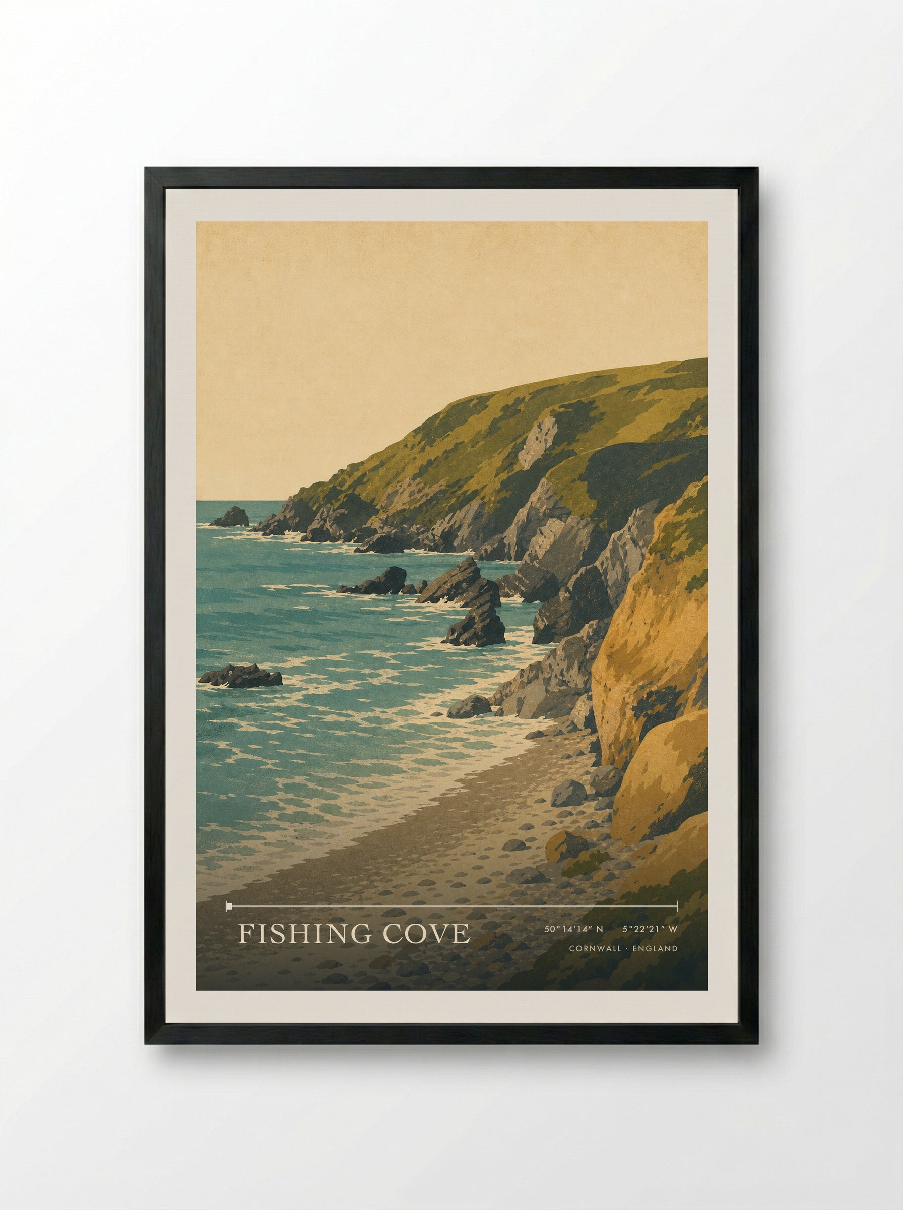 Fishing Cove Cornwall England Travel Poster - Framed Print Black