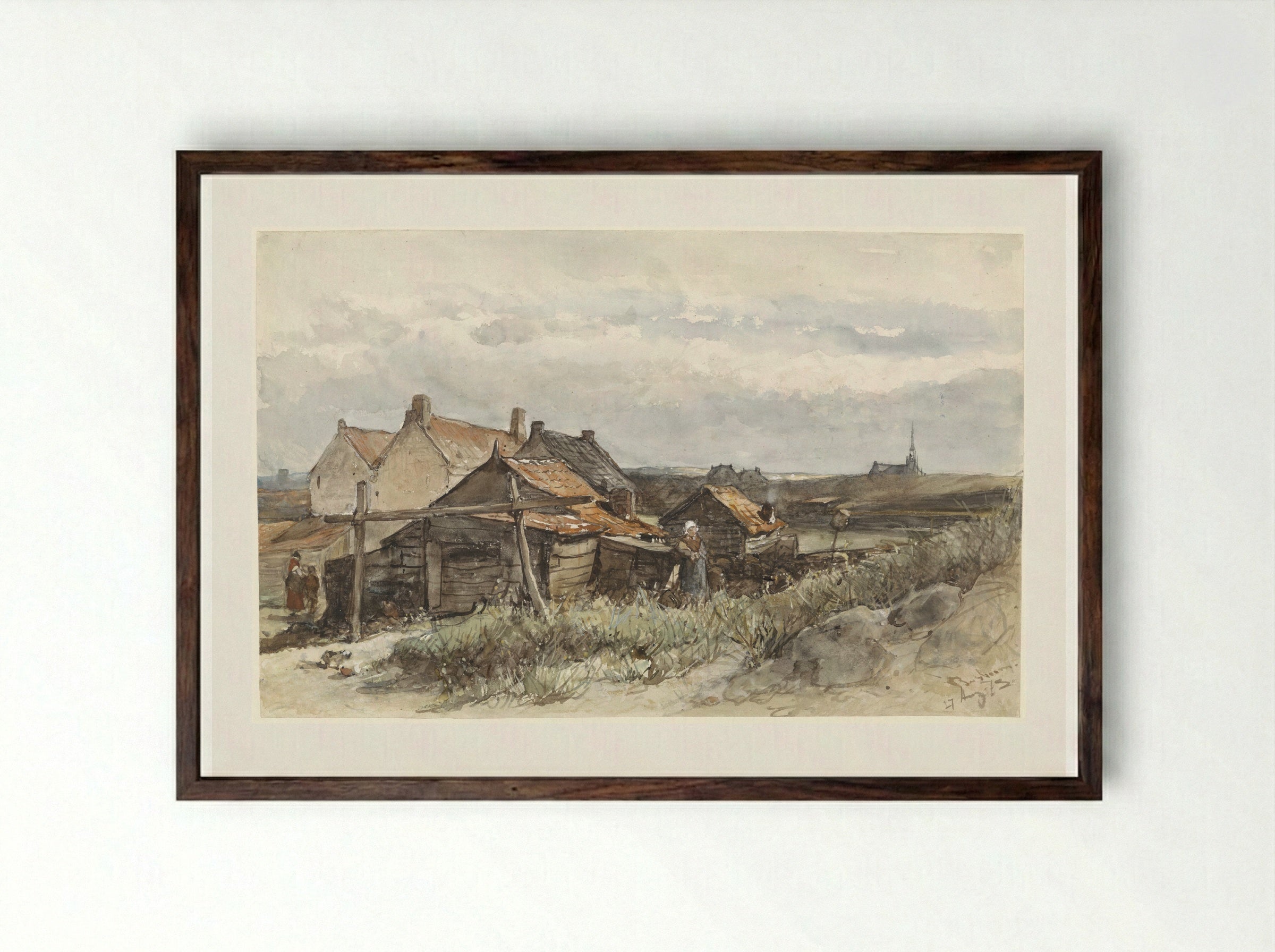Fishing Family Houses in Scheveningen - Johannes Bosboom - Framed Print Dark Wood