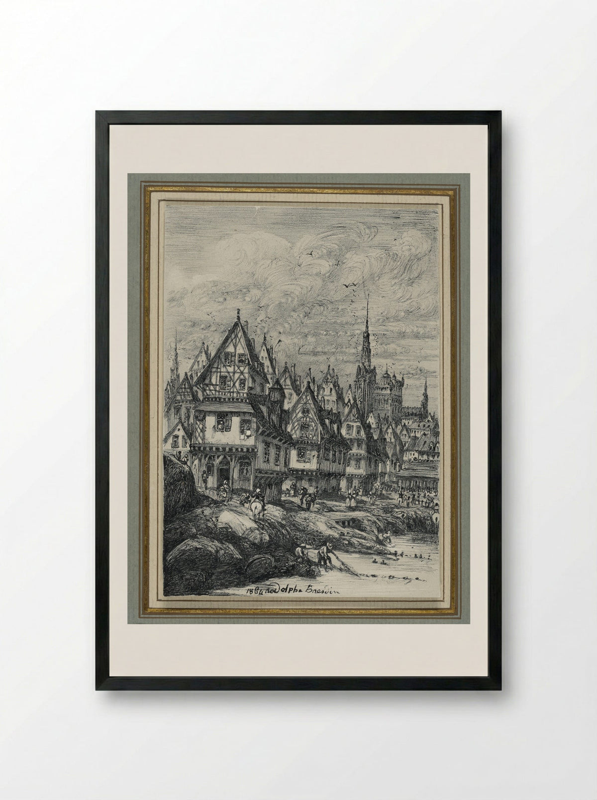 Fishing Port with Clock Tower - Rodolphe Bresdin - Framed Print Black