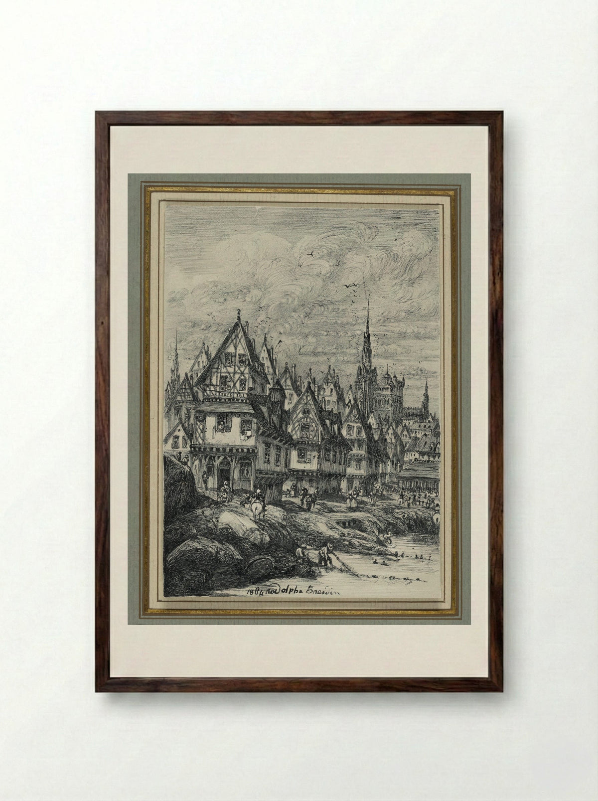 Fishing Port with Clock Tower - Rodolphe Bresdin - Framed Print Dark Wood