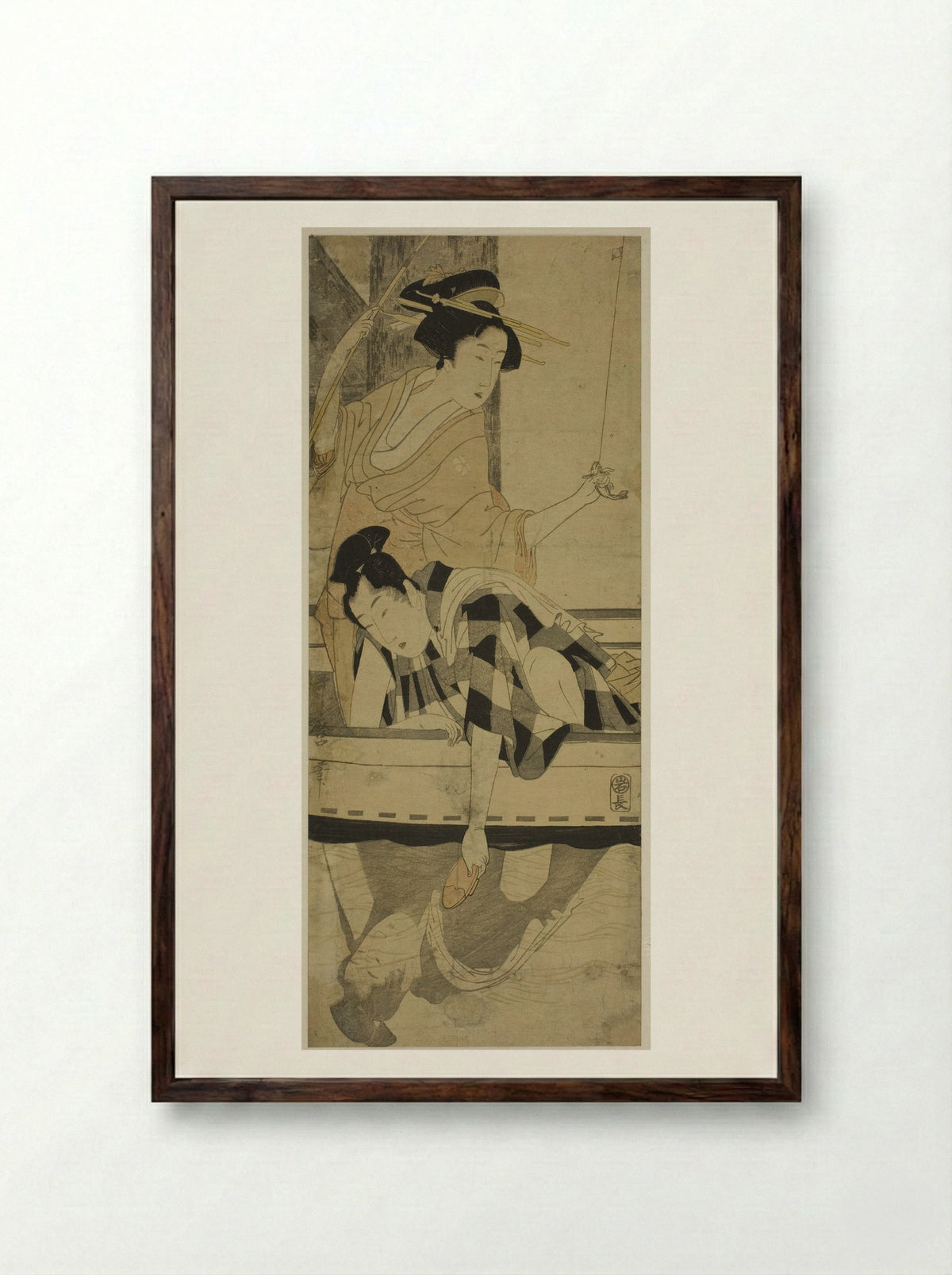 Fishing beneath a Bridge - Kitagawa Utamaro - Framed Print Dark Wood