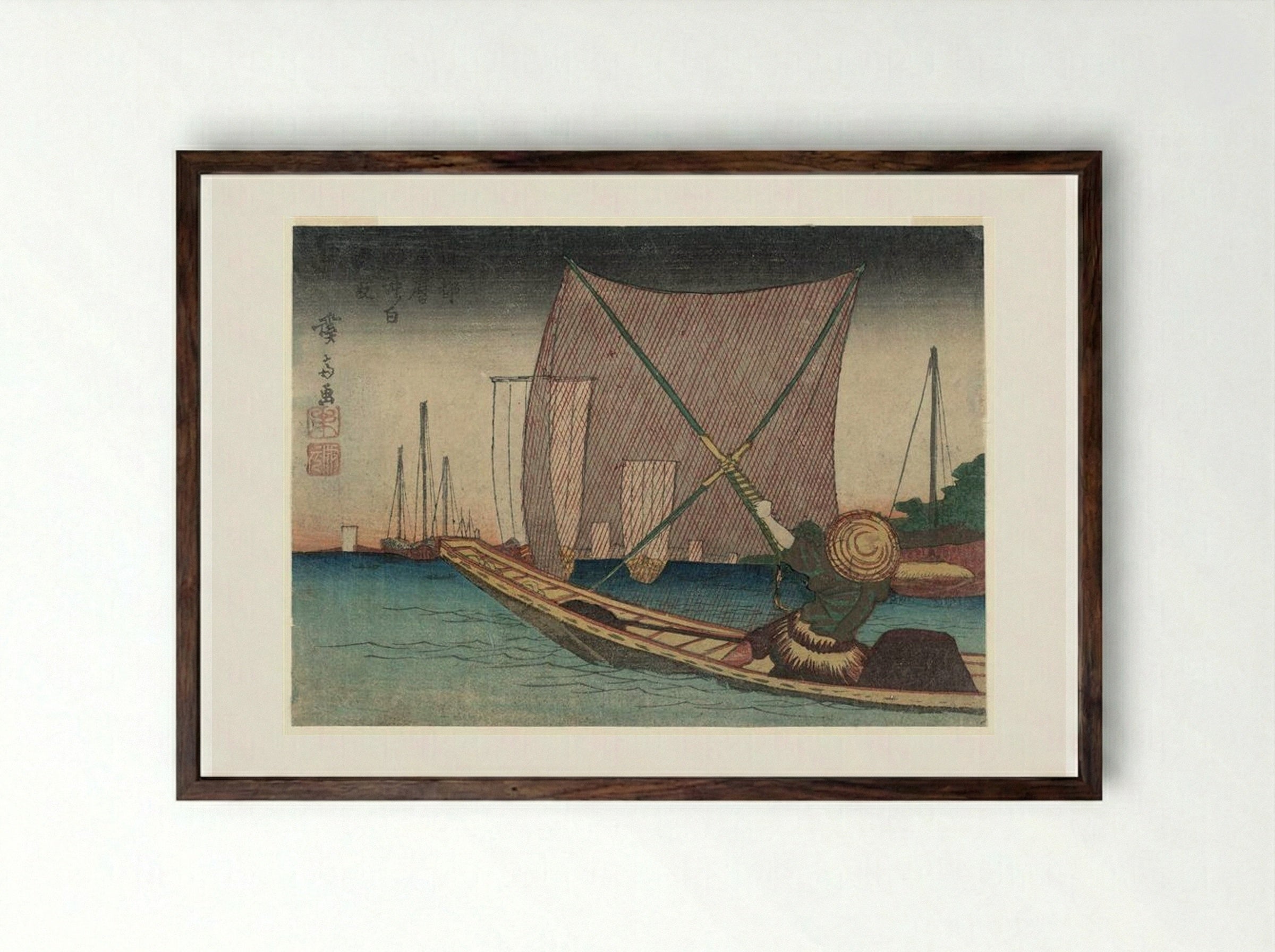 Fishing for Whitebait in the Bay off Tsukuda - Keisai Eisen - Framed Print Dark Wood