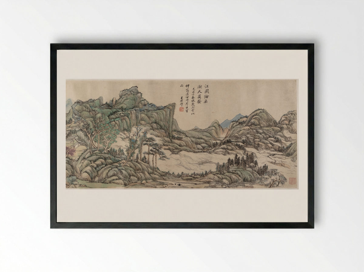 Fishing in River Country at Blossom Time - Wang Yuanqi - Framed Print Black