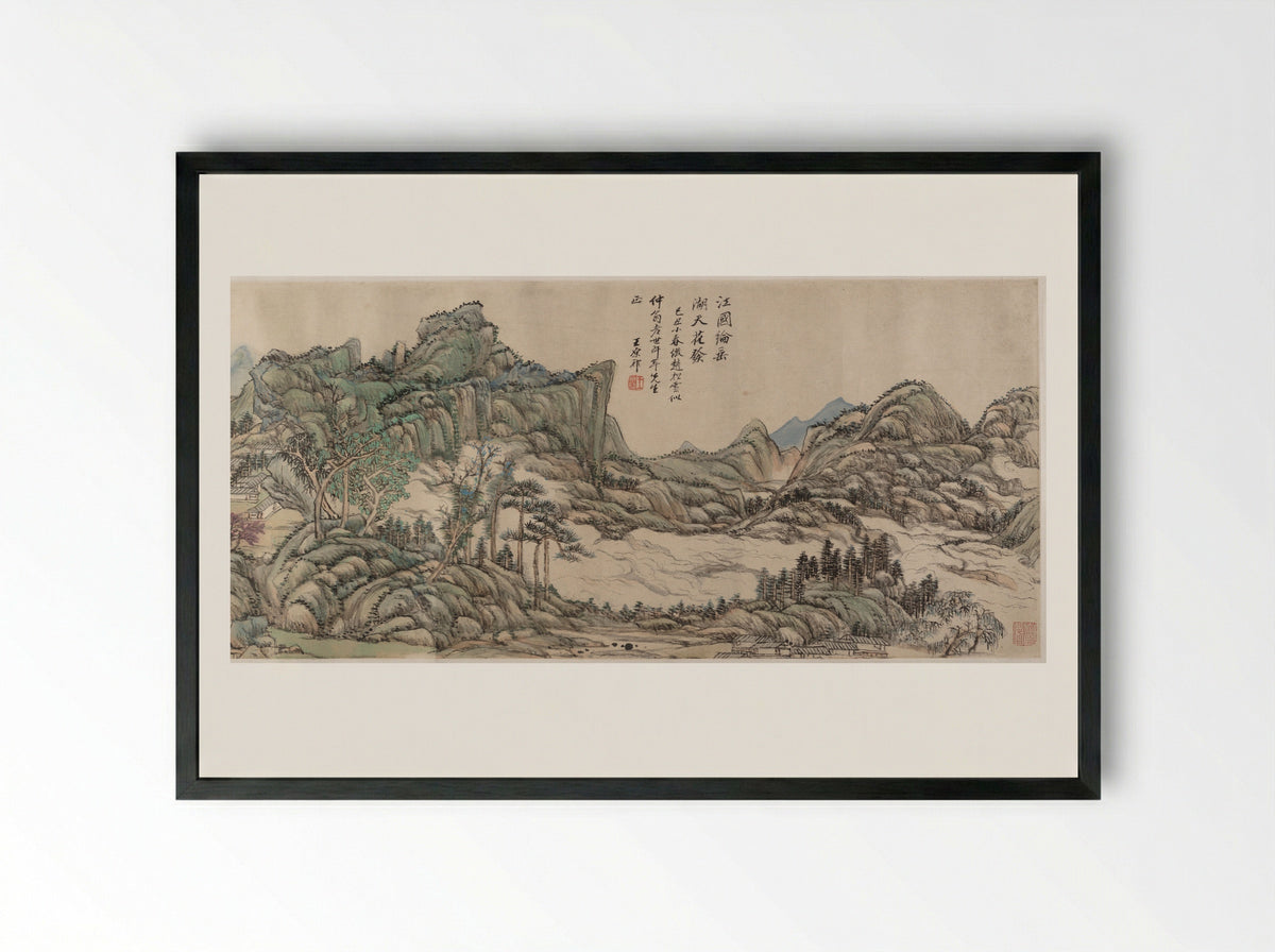 Fishing in River Country at Blossom Time - Wang Yuanqi - Framed Print Black