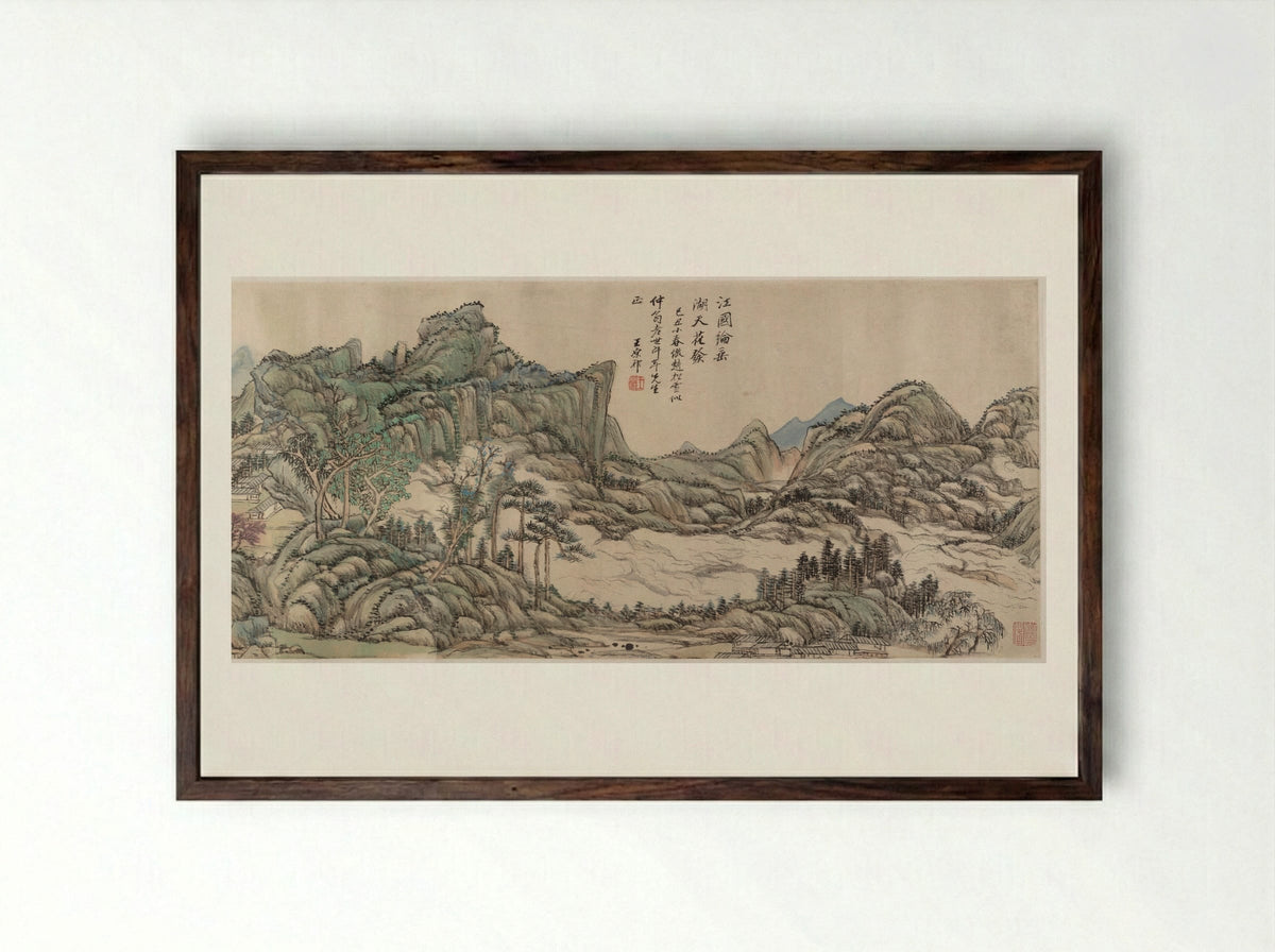 Fishing in River Country at Blossom Time - Wang Yuanqi - Framed Print Dark Wood