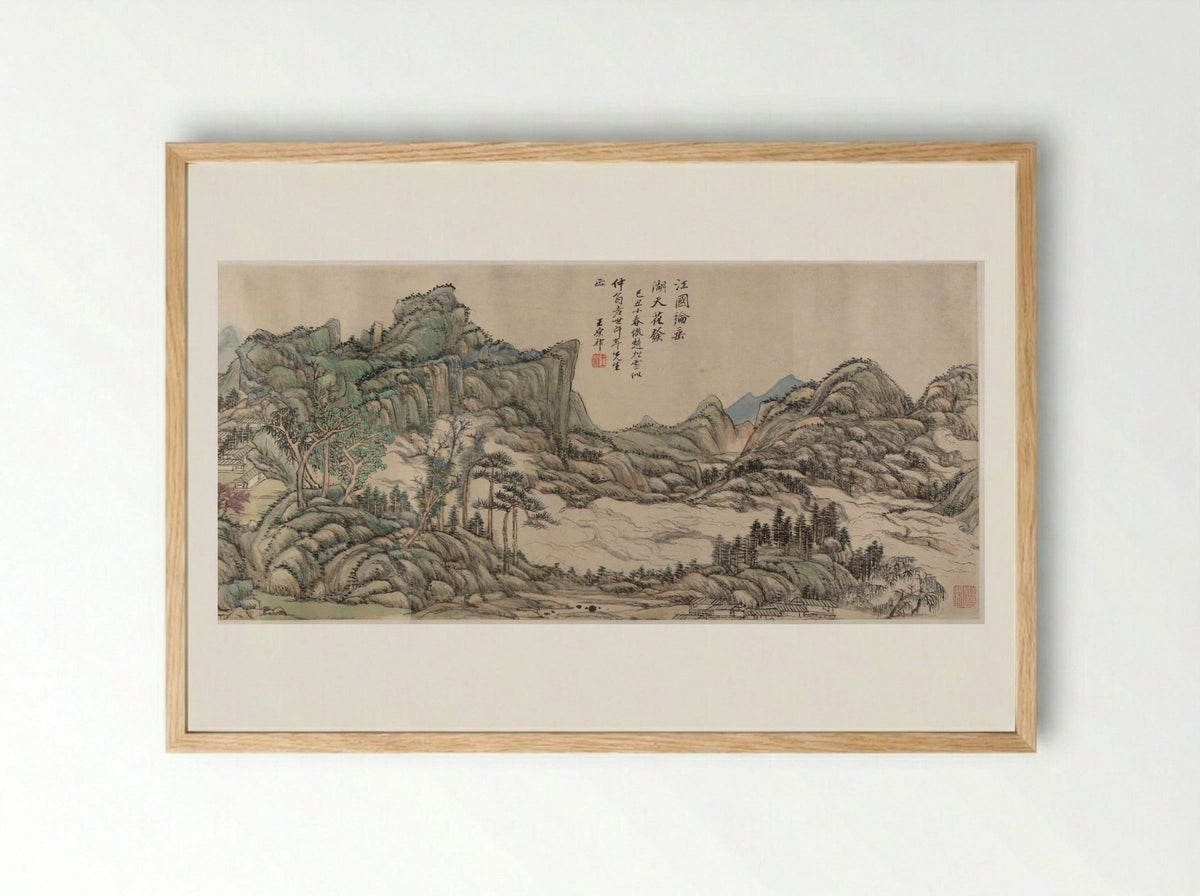 Fishing in River Country at Blossom Time - Wang Yuanqi - Framed Print Wood
