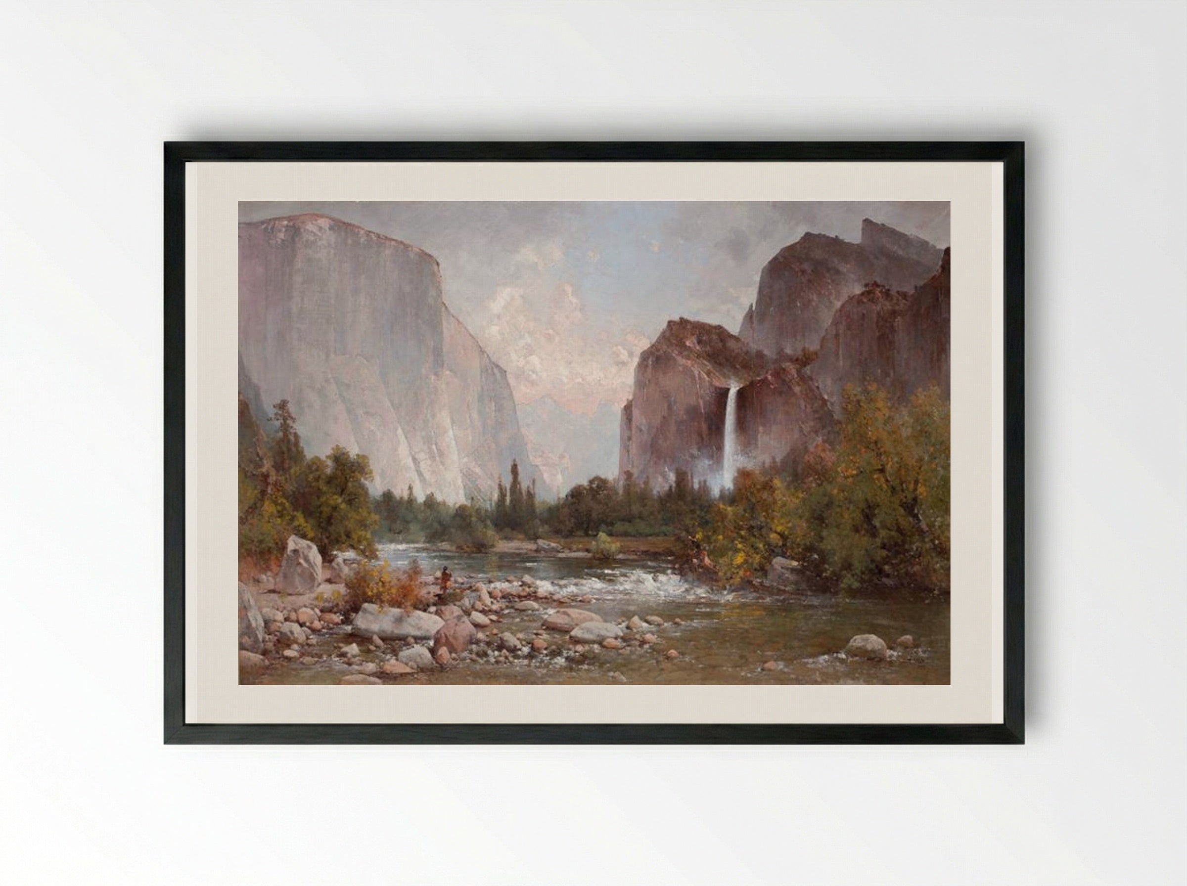 Fishing in the Yosemite Valley - Thomas Hill - Framed Print Black